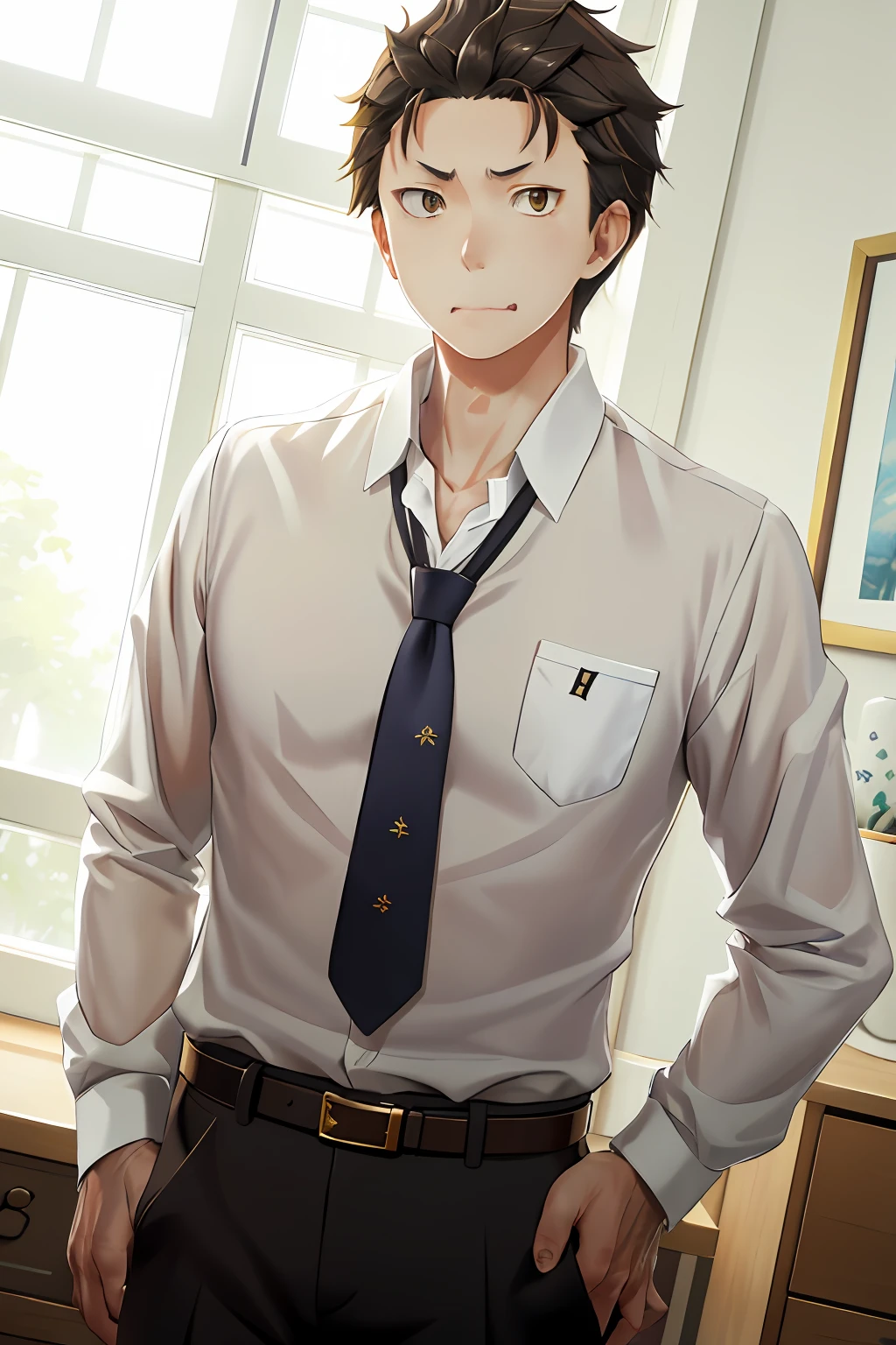 (1 Adult male),A high resolution, Sharp focus, Pixiv masterpiece, ((Complicated details)), highly detailed, natsuki_subaru, 1 man, with her mouth open,drools,full bodyesbian, Golden eyes(eyes glowing), with short golden hair,white shirt,Wear a tie,Wear a belt,perspire,look from down