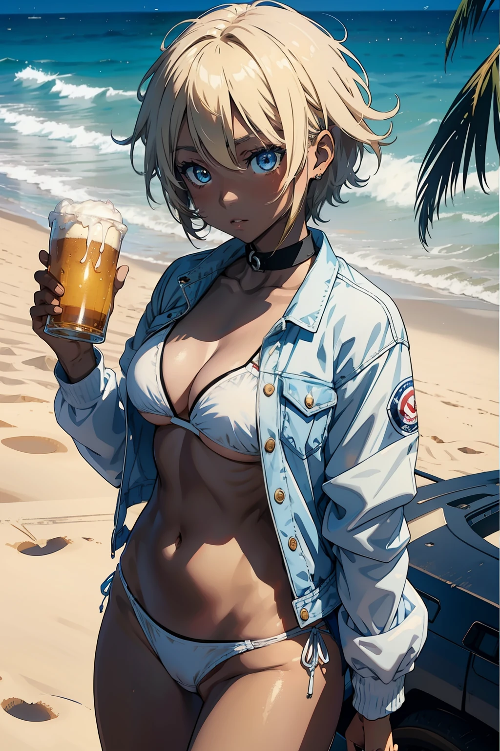 anime character, girl, 18 years old, Gyaru, Tomboy, black skin tone, blond hair, short hair, blue eyes, white bikini, white panties, denim jacket, happy, holding beer on beach, 4k