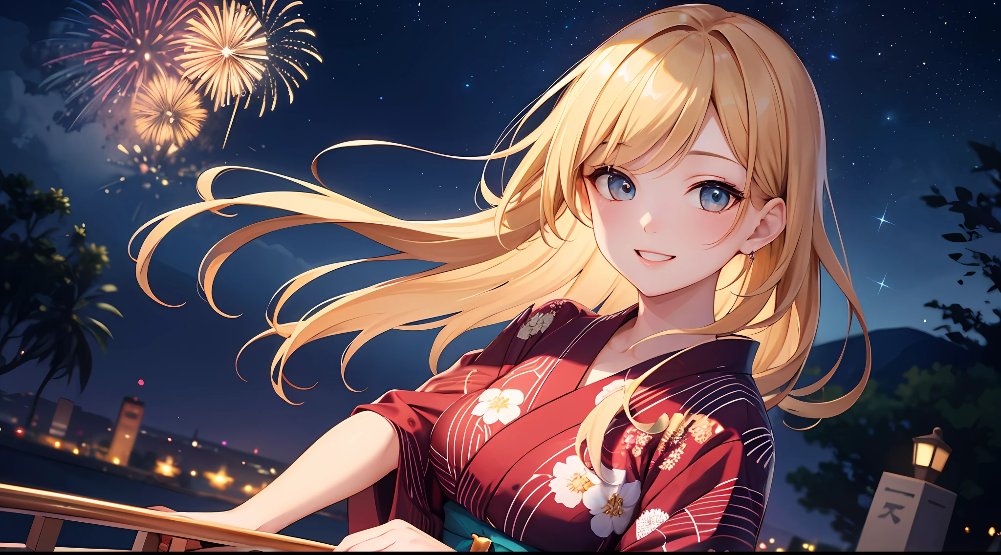(Masterpiece, top quality, super detailed CG, beautiful detailed eyes, super detailed, intricate details:1.2), 8k wallpapers, elaborate features,
(1 person, solo:1.4)perfect cartoon illustration,(1 person, solo:1.4)
(realistic textures:0.8), high res, cute, (vivid colors, dynamic lighting:1.0), (high contrast:0.8), Very pretty girl, big smile, long hair, dark eyes, yukata, night, fireworks in the night sky, dispersion of light, describe the whole body.