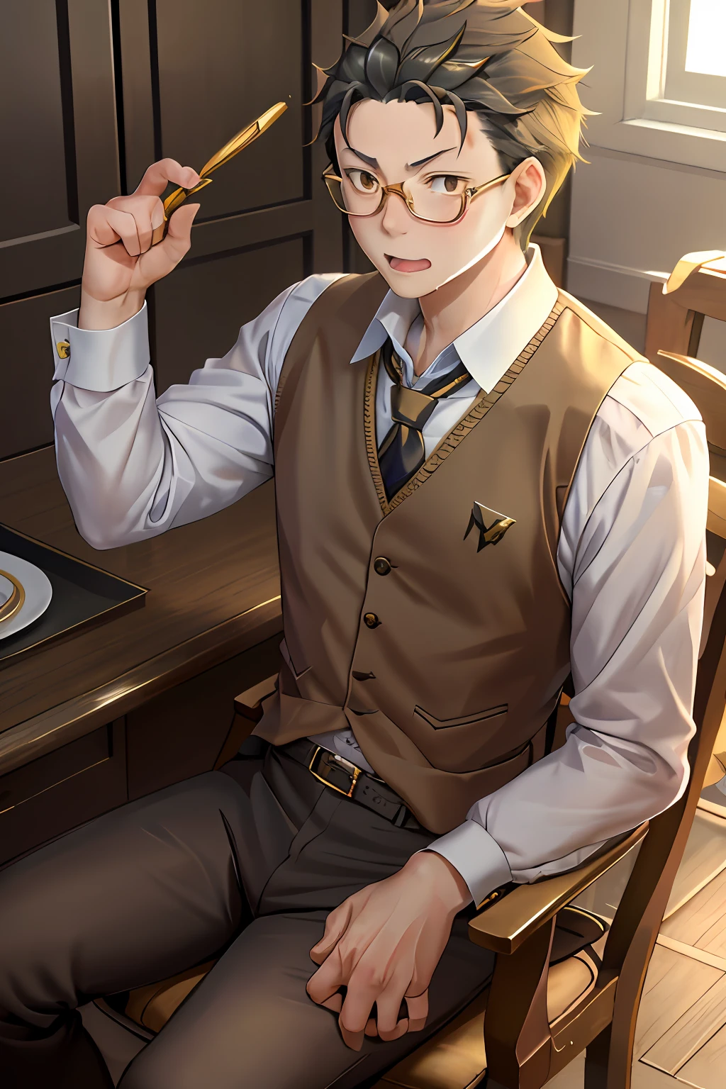 (1 Adult male),A high resolution, Sharp focus, Pixiv masterpiece, ((Complicated details)), highly detailed, natsuki_subaru, 1 man, with her mouth open,drools,full bodyesbian, Golden eyes(eyes glowing), with short golden hair,white shirt,Wear a tie,Wear a belt,perspire,look from down