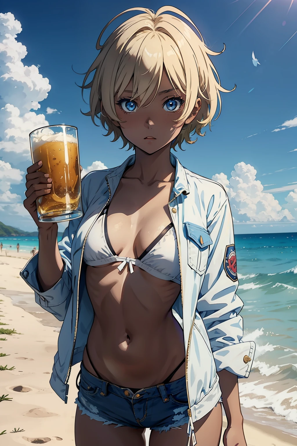 anime character, girl, 18 years old, Gyaru, Tomboy, black skin tone, blond hair, short hair, blue eyes, white bikini, white panties, denim jacket, happy, holding beer on beach, 4k