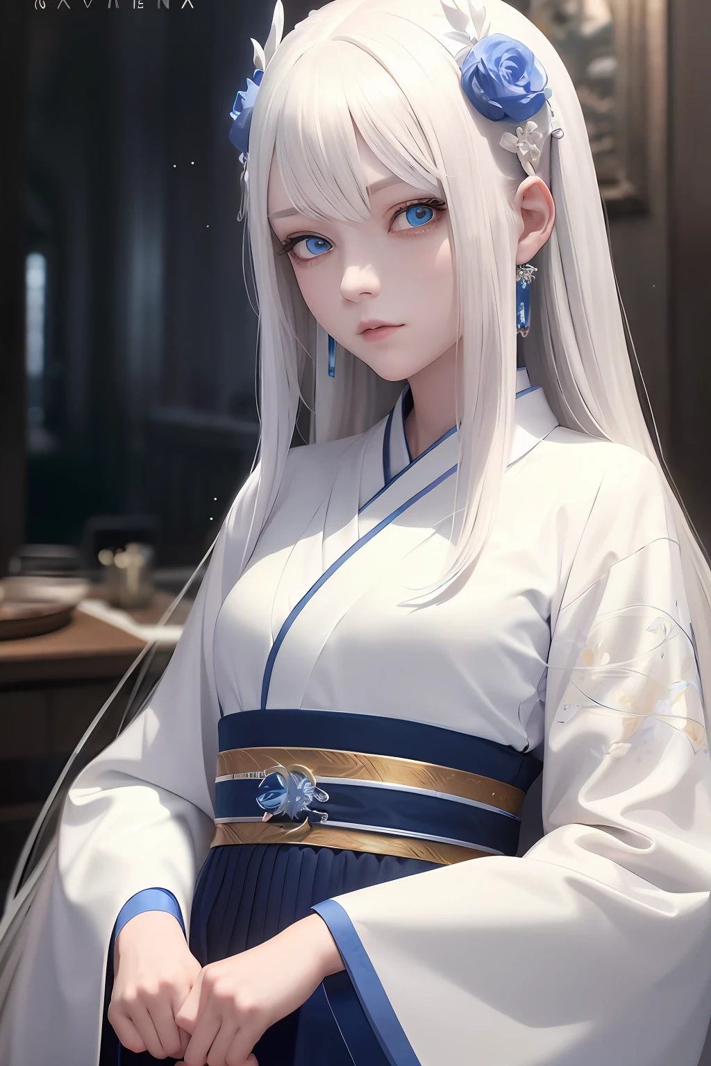 incredibly_absurderes,Ray tracing,,Best quality, Masterpiece,White hair, Blue eyes, Upper body,Beautiful detailed eyes,aquagradient eyes,Hanfu,