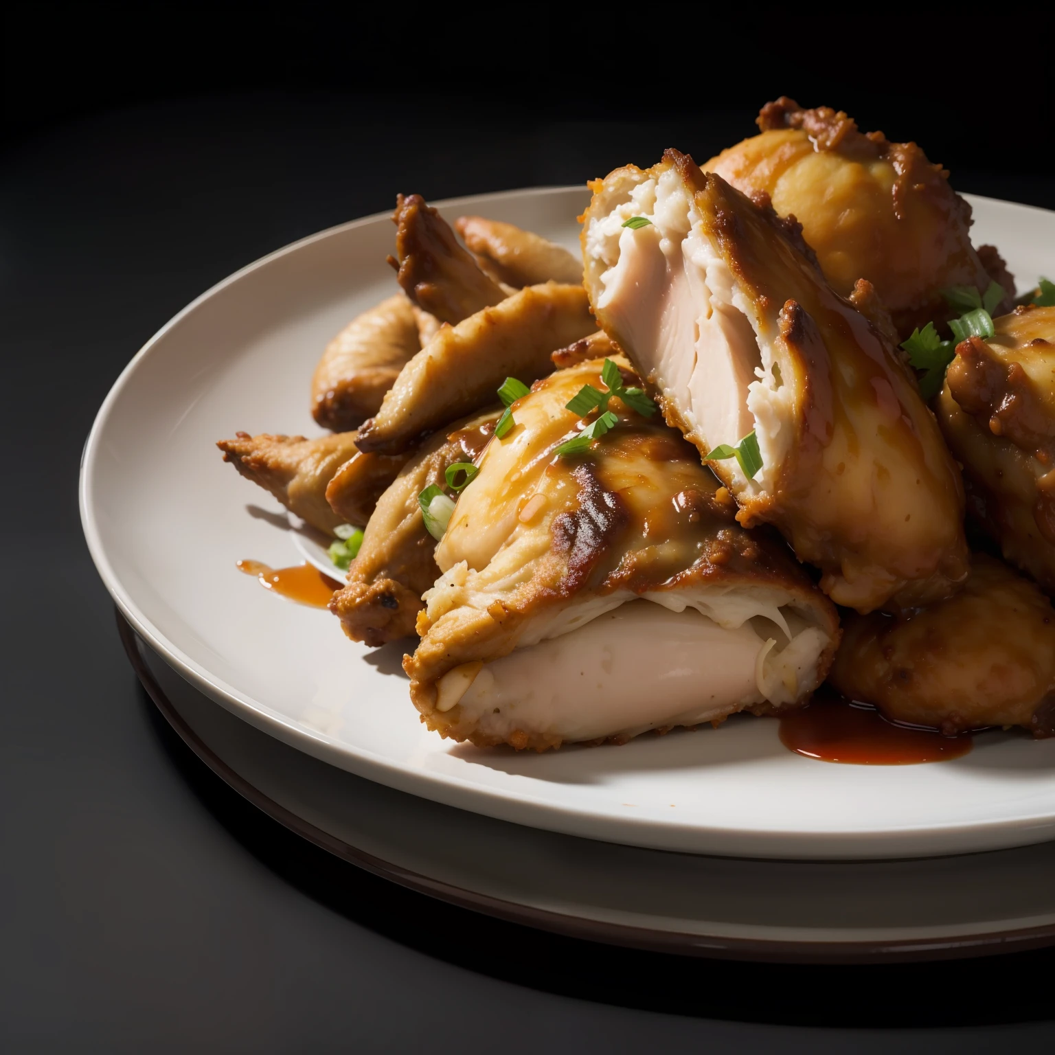 Put some fried chicken on this plate. And put a sauce next to it.