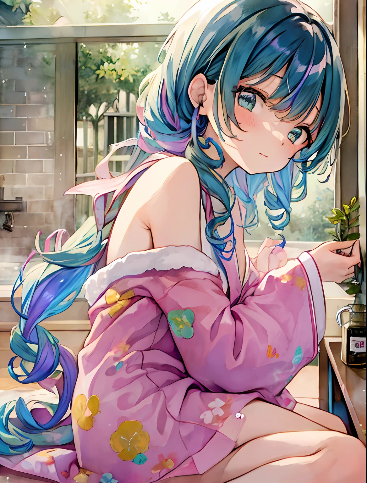 natta、sparklers、Fireworks Festival、1girl in,Solo,Yumekawa 、Cute as a dream、a pale、Moya、(masterpiece、top-quality、top-quality、watercolor paiting(Curly)、The upper part of the body、bath robe、Changing clothes、patterns、BREAK、(Twin-tailed iridescent hair:1.2)、BREAK、clouds、colourfull、Spread throughout、kawaii、pastels、sweets、Loose fluffy