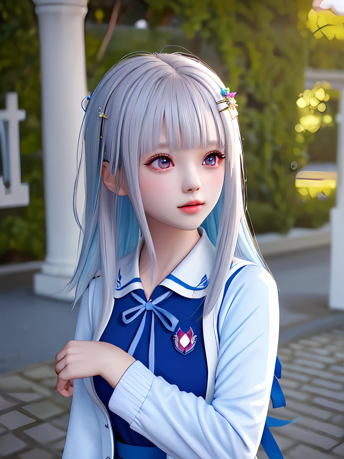{{1girl}},{{solo}},{{beautiful hair }},depth of field, dreamy, very beautiful girl, 21 years old, detailed portrait, delicate and cute features, lively and cute, surreal, photorealistic, extreme detail, realistic cinematic lighting, moderate highlights, looking at viewer, lh1, hairclip, short hair, white sailor collar, blue shirt, long sleeves, blue ribbon, school uniform, serafuku