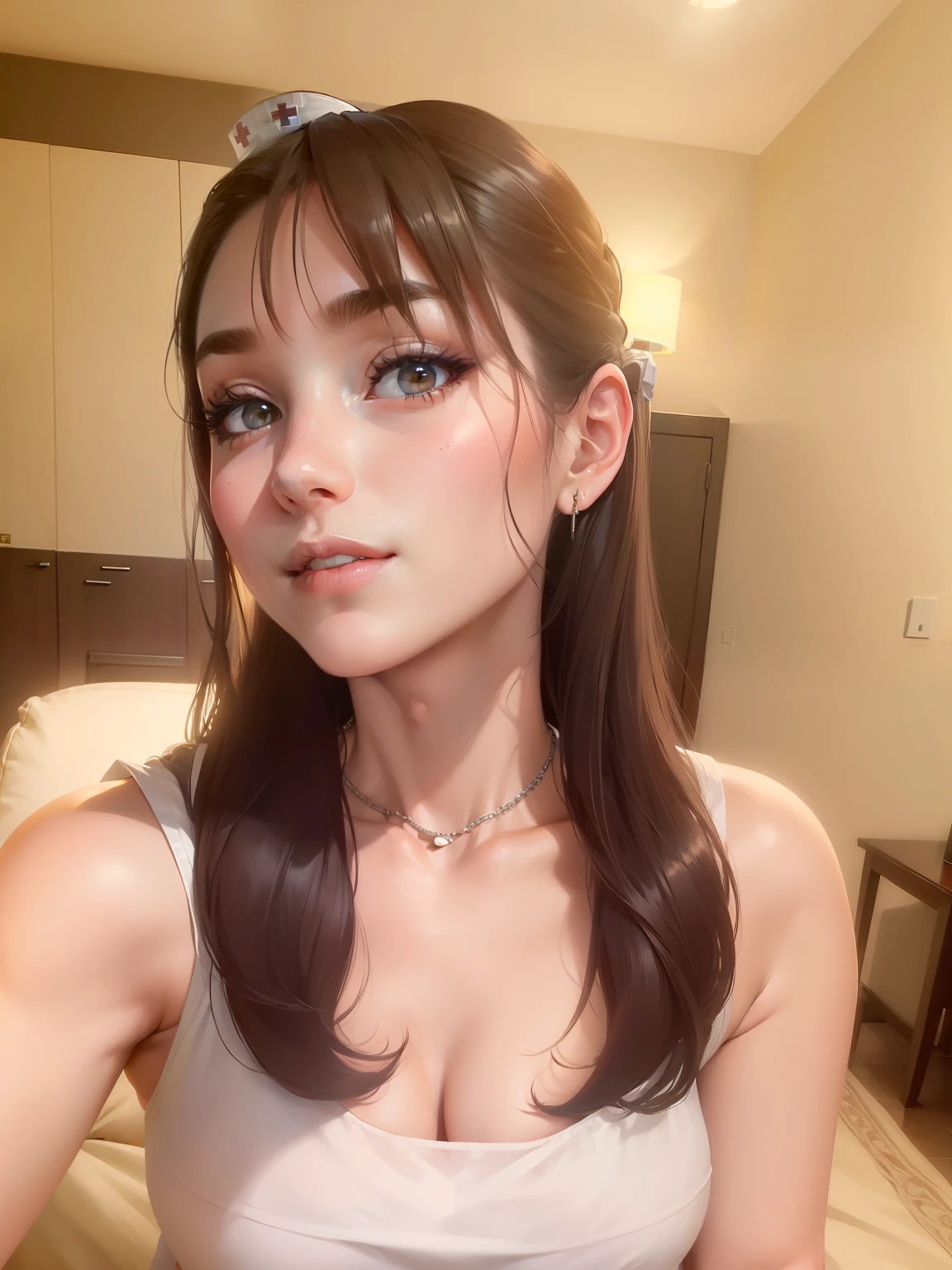 ((Best Quality, 8k, Masterpiece:1.3)), Focus:1.2, Perfect Body Beauty:1.4, Buttocks:1.2, ((Delicate Hair)), (Stylish Nurse Uniform:1.1) ,(Room, living room: 1.3), Highly detailed facial and skin texture, Fine eyes, Double eyelids, Whitening skin, Big breasts, smile, wearing a necklace,