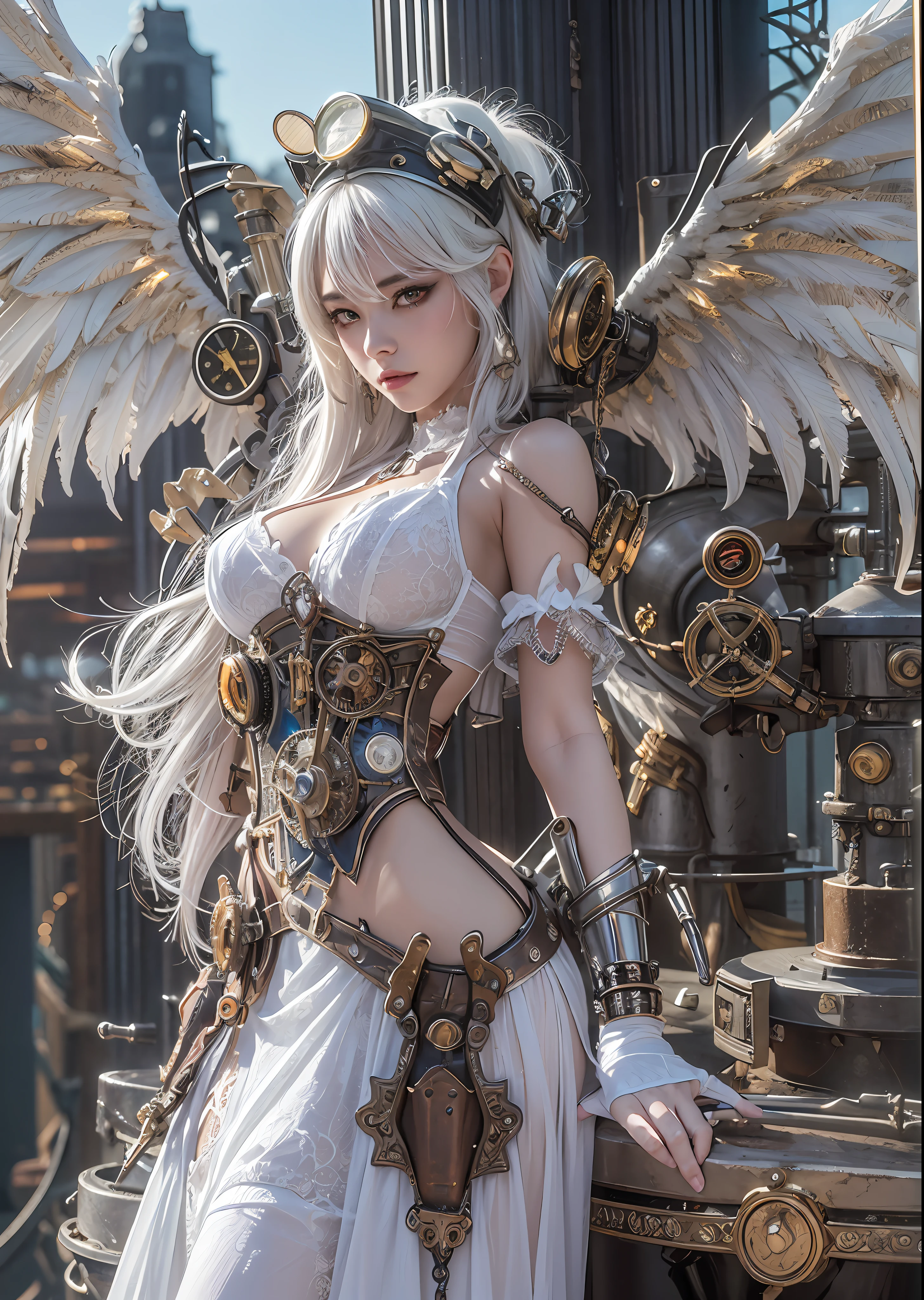 top-quality、masterpiece、超A high resolution、(Photorealsitic:1.4)、Raw photo、Steampunk Angel、large wings made of metal、White porcelain body、Acrylic Clear Cover、white hair、glowy skin、1 steampunk girl、((super realistic details))、portlate、globalillumination、Shadow、octan render、8K、ultrasharp、character edge light,Colossal 、Raw skin is exposed in cleaails of complex ornaments、Steam engine details、Hydraulic cylinder、Small LED lamp、highly intricate detail、Realistic light、a purple eye、radiant eyes、Facing the camera、neon details、cowboy shot、Futuristic headgear、The background is a steampunk city、、