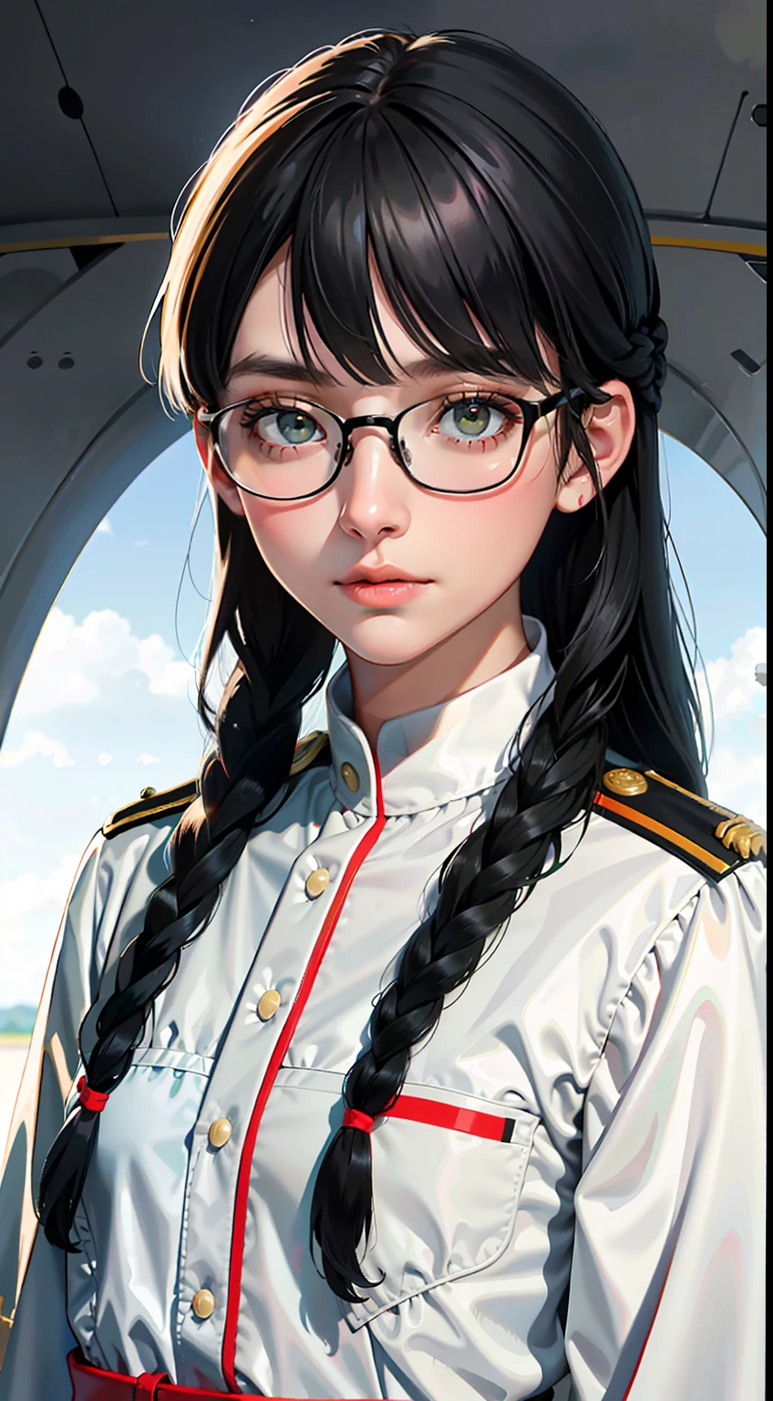 Modest outfit, remote shot, detailed beautiful delicate face, detailed beautiful delicate eyes, perfect facial proportions, high-definition skin, fine skin, four-inch best ratio. With one thumb, a masterpiece, highly detailed, realistic, (World War II German general uniform reference : 1.8), the highest face resolution, adult, modestly dressed woman, dressed entirely, ( small, black hair, black straight bangs, super fine braids, straight bangs, red glasses, dark green eyes), future, science fiction, fighter plane, standing On the landing of a fighter plane, the government agency, a deep intelligent personality, a calm expression, a respectful face, a war, a fighter plane