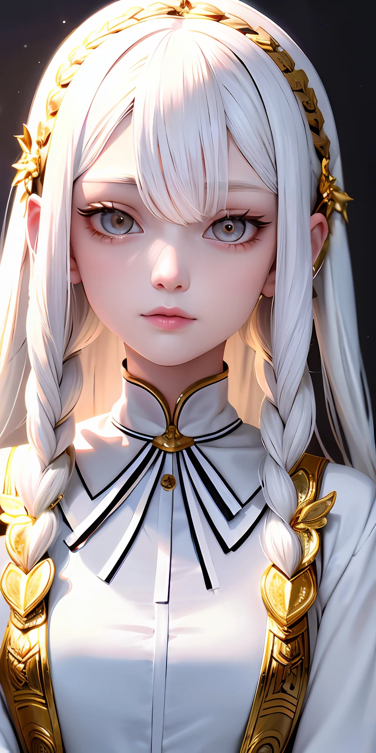 best quality, masterpiece,white hair, gold eyes,white clothes, looking up, upper body,hair strand,Fair skin,side braids