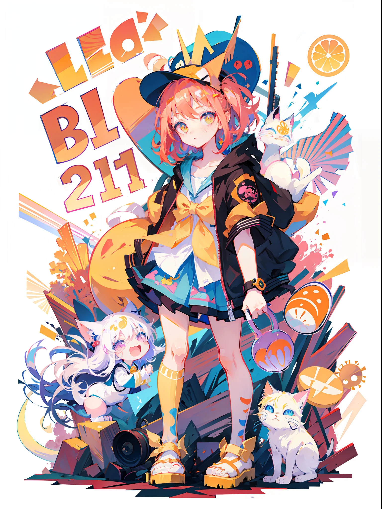 A girl in a hat and a group of cats, lovely art style, lofi-girl, , Anime style illustration, decora inspired illustrations, Praise Artstyle, lois van baarle and rossdraws, Splash art anime Loliall loli girlokitty, cute anime catgirl, :14 flcl + Akira