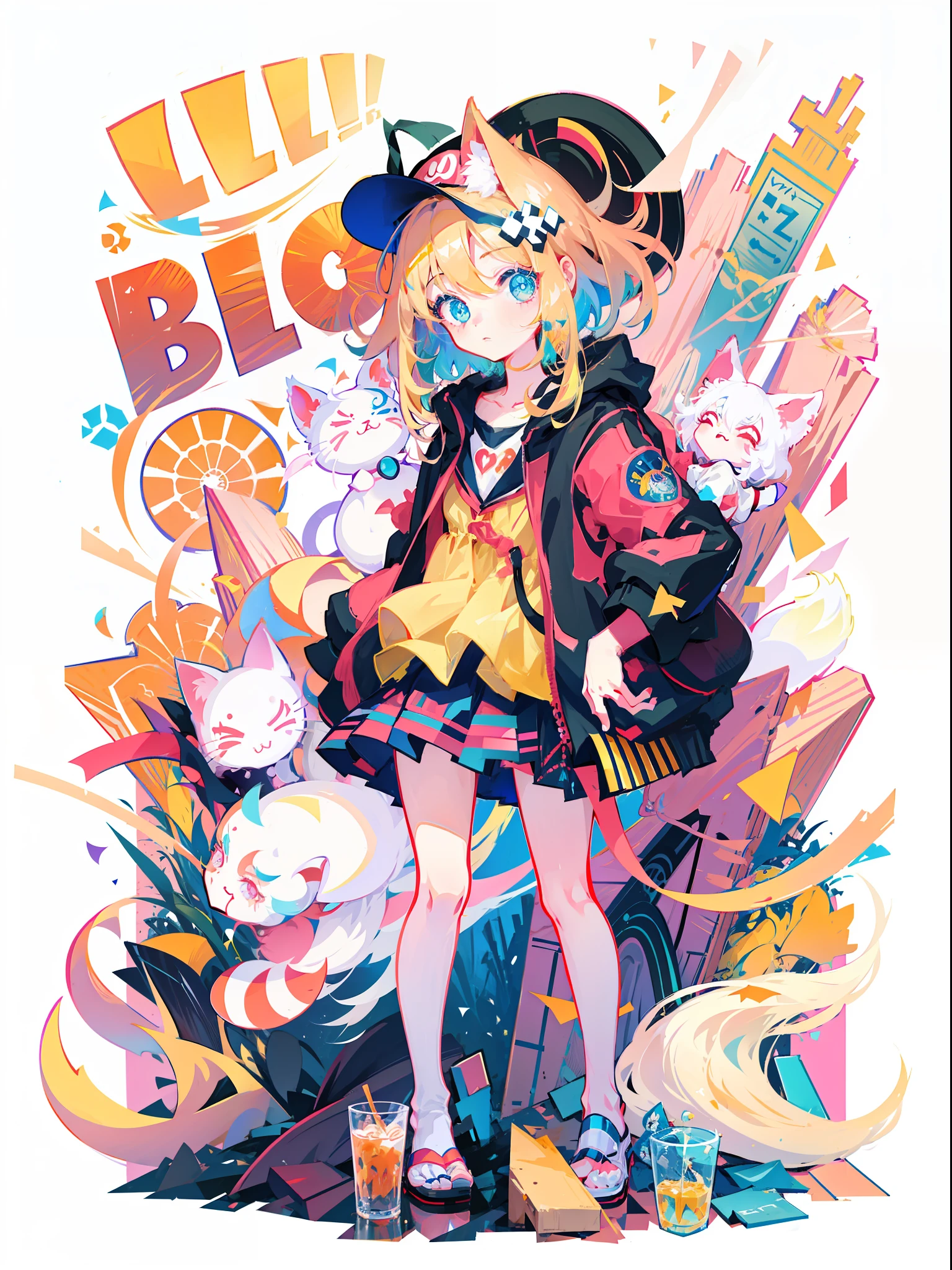 A girl in a hat and a group of cats, lovely art style, lofi-girl, Loli, Anime style illustration, decora inspired illustrations, Praise Artstyle, lois van baarle and rossdraws, Splash art anime Loli, small loli girl, elokitty, cute anime catgirl, :14 flcl + Akira
