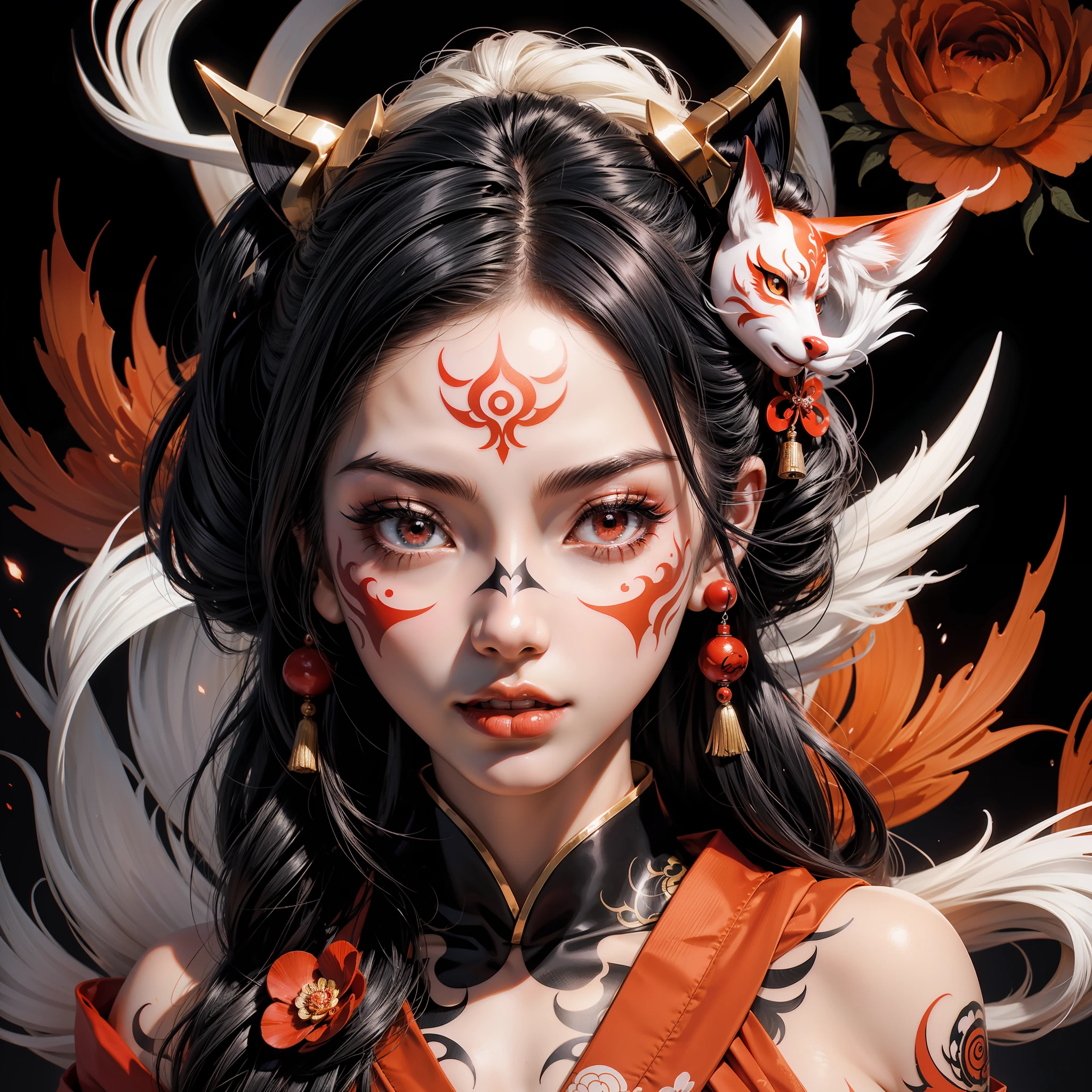 create vector geisha with kitsune mask tattoo desing in anime style in black, white and red color
