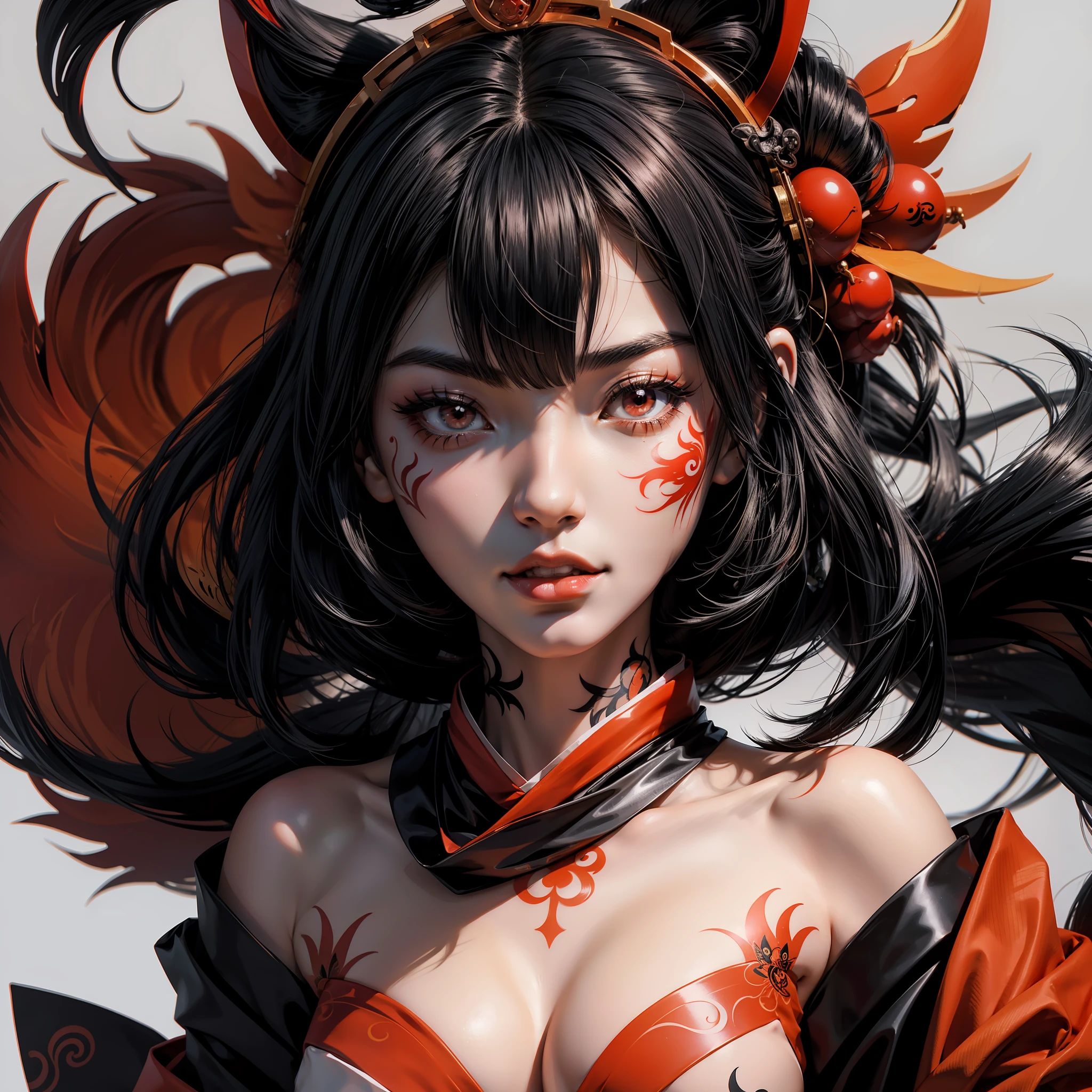 create vector geisha with kitsune mask tattoo desing in anime style in black, white and red color