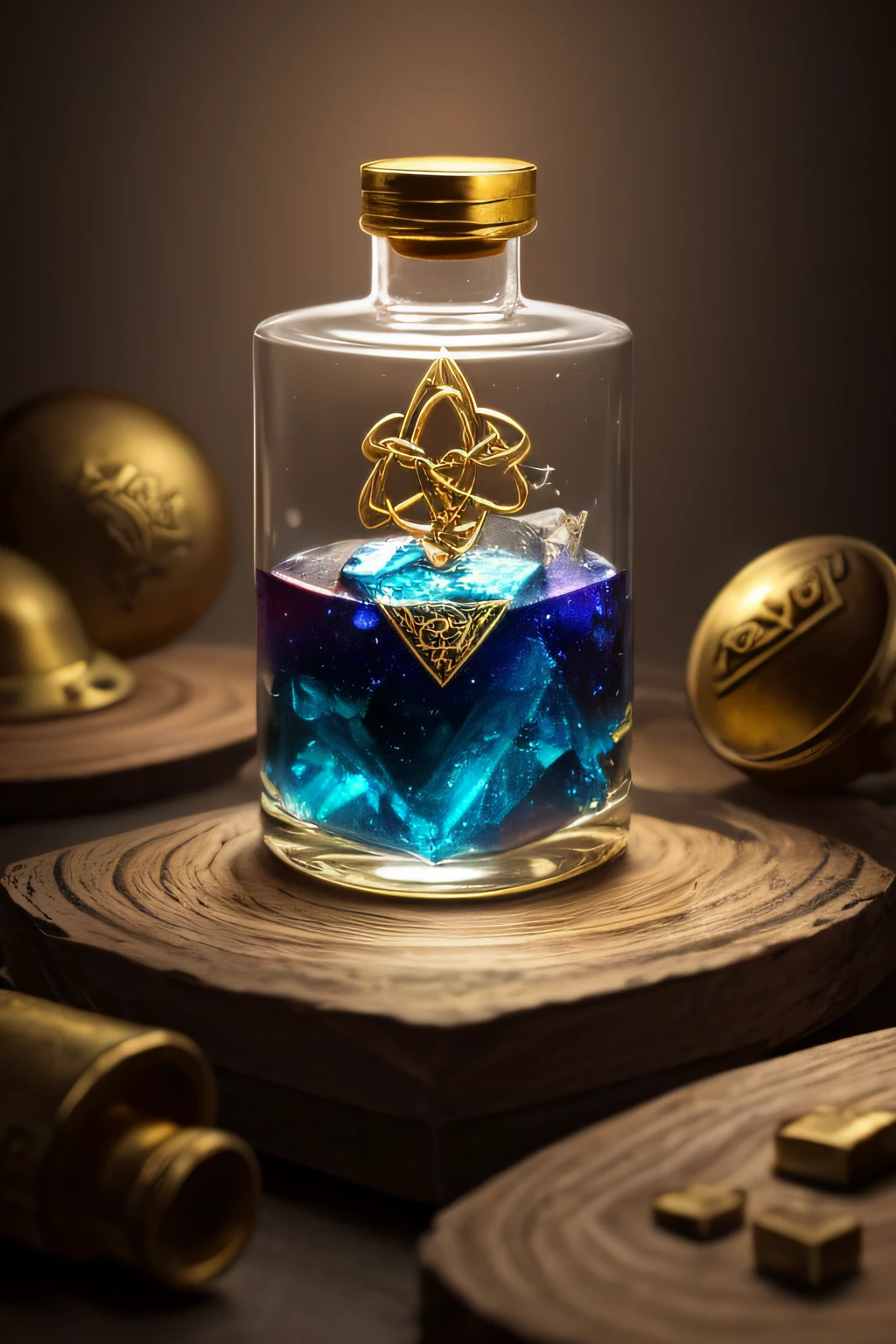 an concept art of alchemic element - Elixir of Celestial Transmutation: A potion with shimmering silver and gold hues contained within a vial adorned with celestial symbols. The stopper features an alchemical symbol of transmutation, representing the potion's power to transform cosmic energies.,onold table,rim lights,digital art,focus on subject,duch angle,clsoe shot,closeup,focus on material and structure,masterpiece,