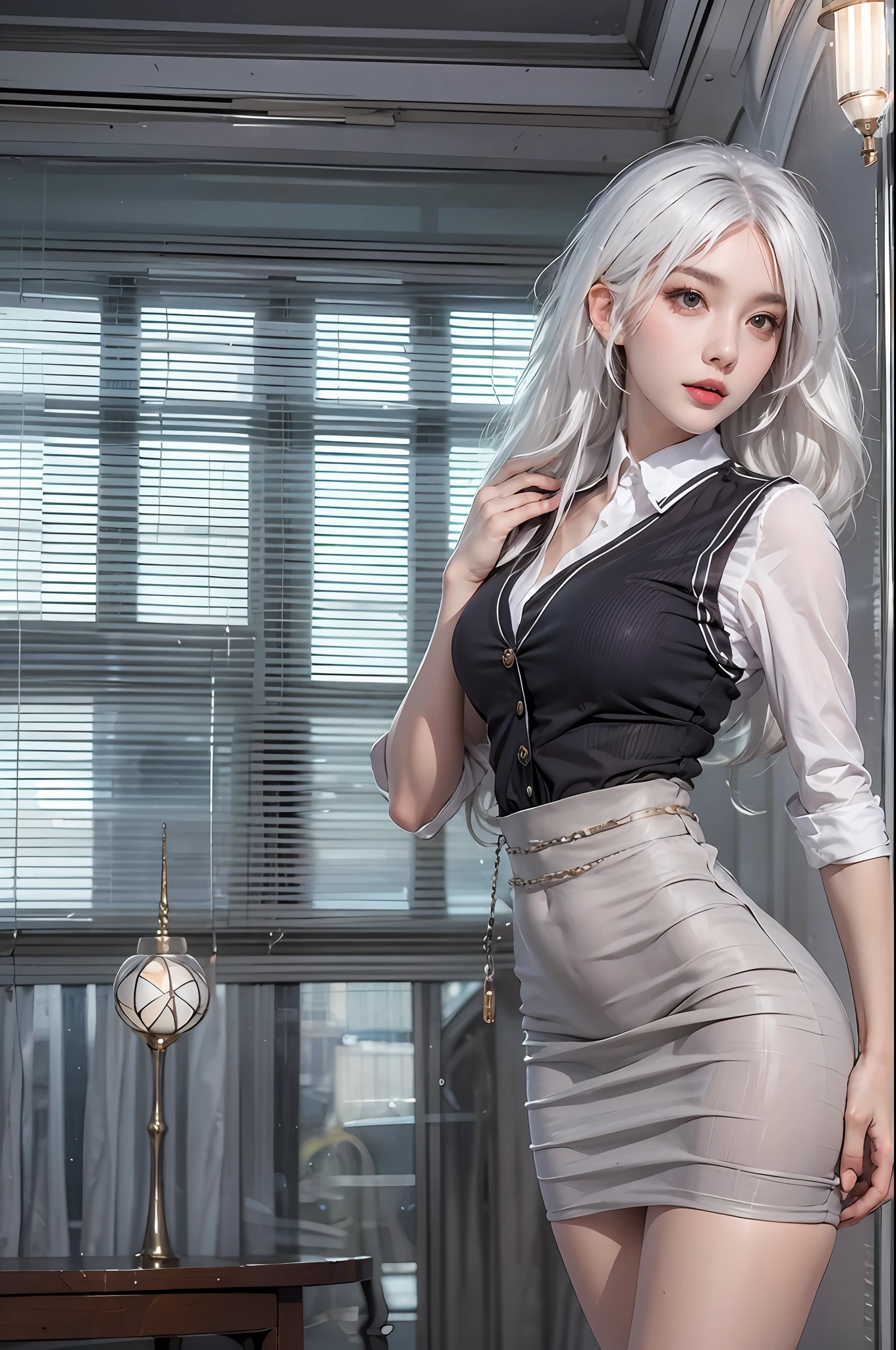 photorealistic, high resolution, soft lights, 1women, adult, solo, hips up, look at viewer, (detailed face), white hair, long hair, secretary uniform, skirt, jewelry