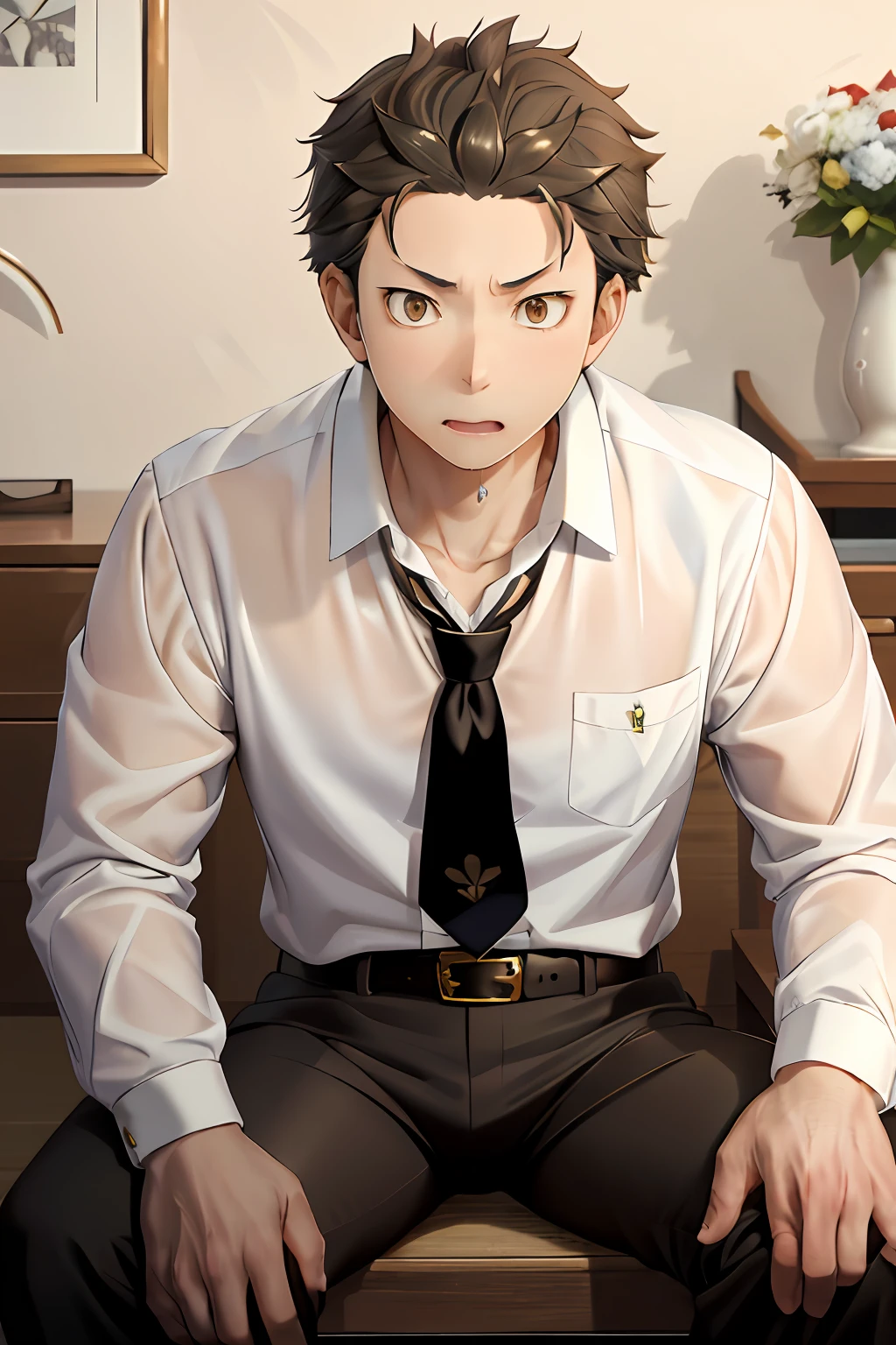 (1 Adult male),A high resolution, Sharp focus, Pixiv masterpiece, ((Complicated details)), highly detailed, natsuki_subaru, 1 man, with her mouth open,drools,full bodyesbian, Golden eyes(eyes glowing), with short golden hair,white shirt,Wear a tie,Wear a belt,perspire,look from down