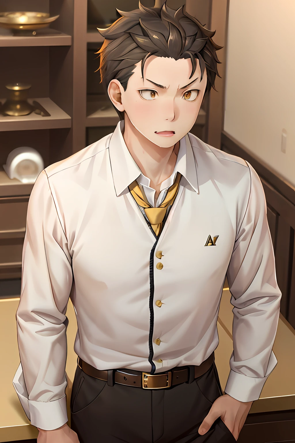 （1 Adult male），A high resolution， Sharp focus， Pixiv masterpiece， （（Complicated details））， highly  detailed， natsuki_subaru， 1 man， with her mouth open，drools，full bodyesbian， Golden eyes（eyes glowing）， with short golden hair，white  shirt，Wear a tie，Wear a belt，perspire，look from down