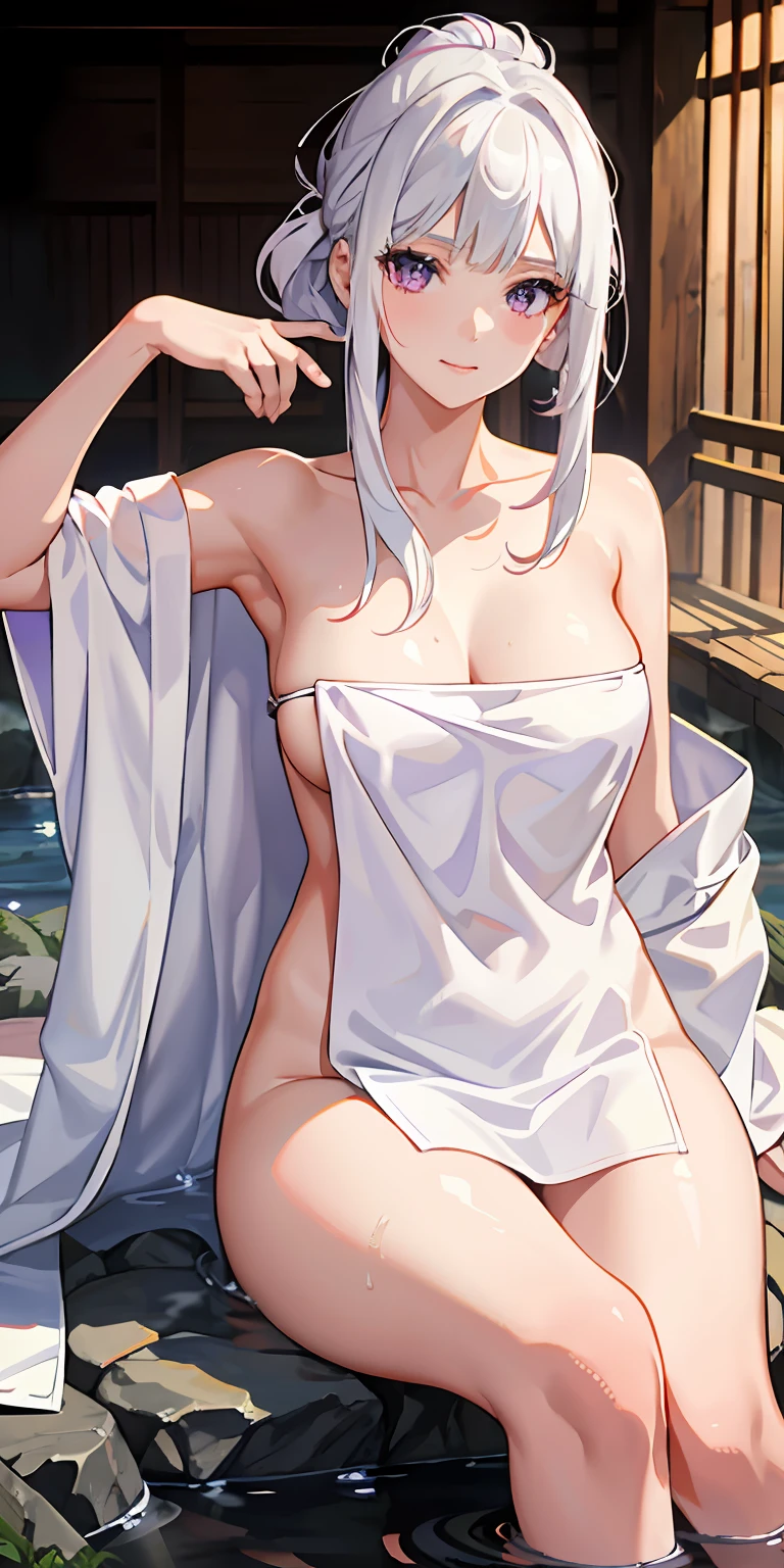 1girl, white hair, purple eyes, portrait, realistic, towel, (onsen), sidelighting, wallpaper, nsfw,