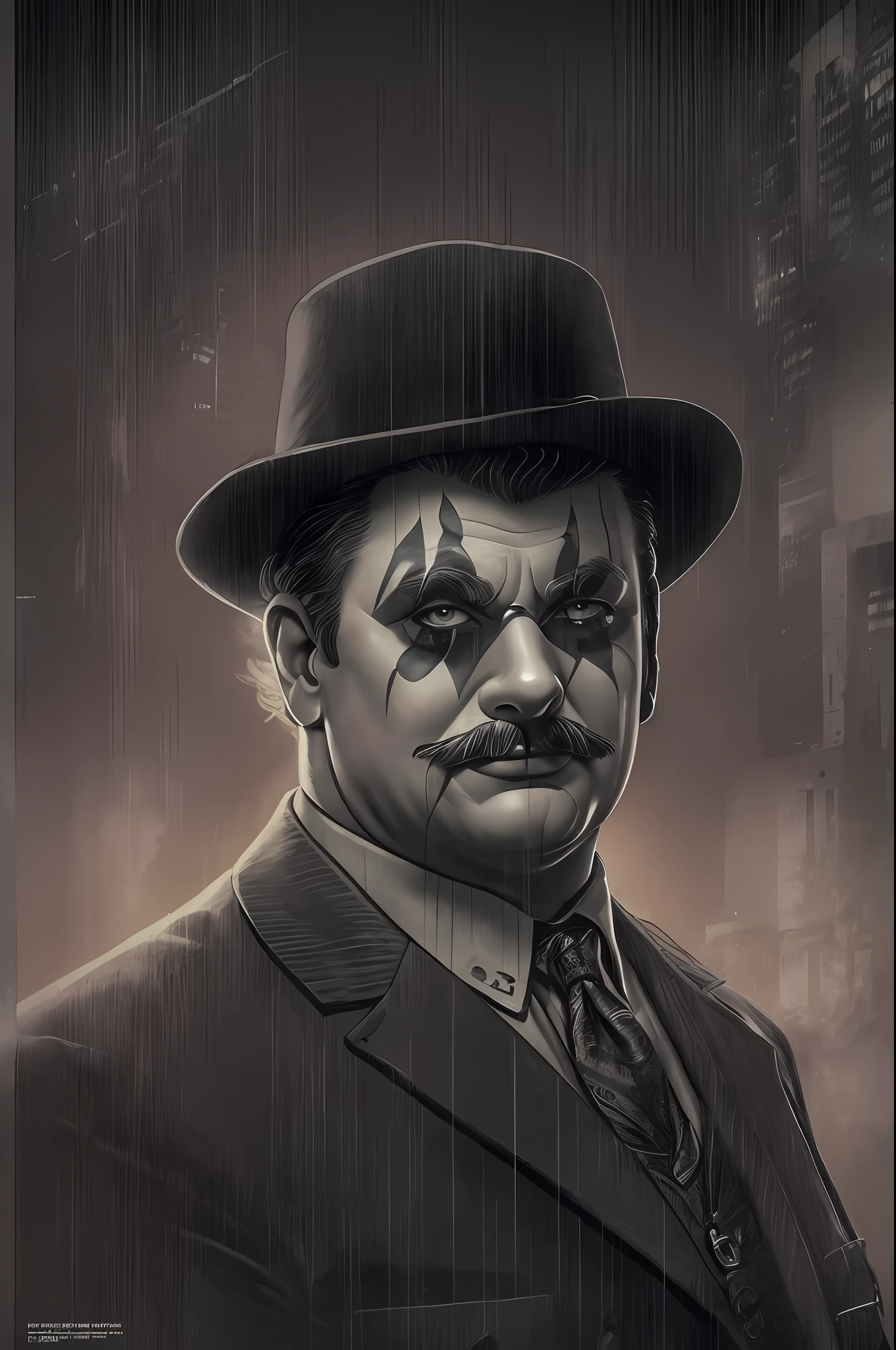 (tmasterpiece, beste-Qualit: 1.2), detailized face, (Muted colors: 1.2, dark studio, rim lighting, duotone lighting, dim lighting, Low key, ),
Poster from the 1970s \(style of\), Noir Detective, (nuarnaya atmosphere: 1), gloomy atmosphere, Emphasis on noir colors,
1970s (/style of/),Illinois, (maniac John Wayne Gacy) He put on his suit and stepped out into the cold night air, Ready to follow the victim, Wherever they lead.
Trending on ArtStation, trending on CGsociety, Intricate, high detail, dramatic, photorealistic pictorial art by Midjourney and Greg Rutkowski,