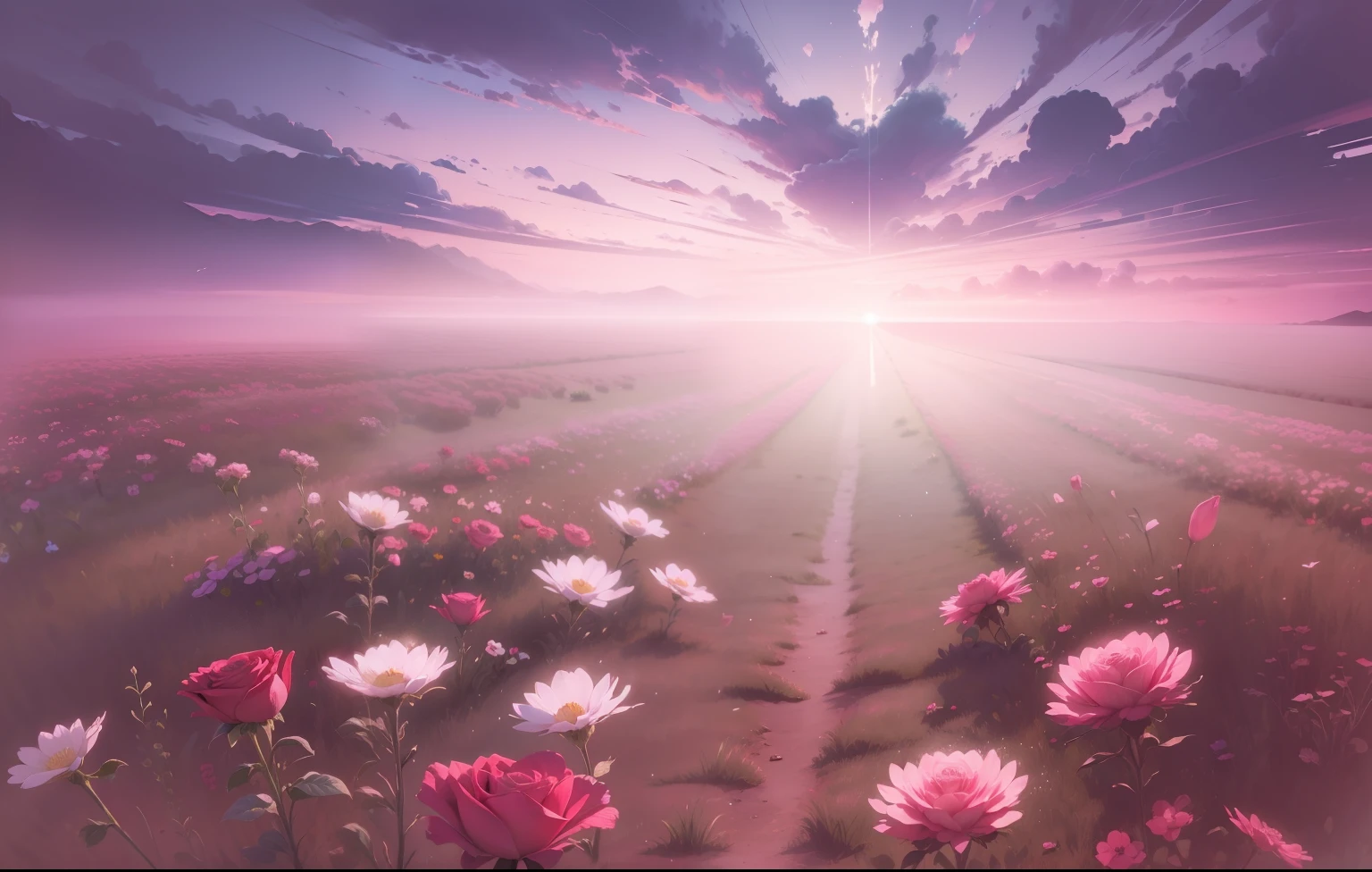 Lindo campo de rosas, retrato detalhado, complexidade intrincada, rule of thirds, Sunset, Tinta fosca, luminescente, Artistic Station, arte conceitual, Arte Nova, Ilustrativos, Smooth and sharp focus Highly detailed, Maximalista e Realista.