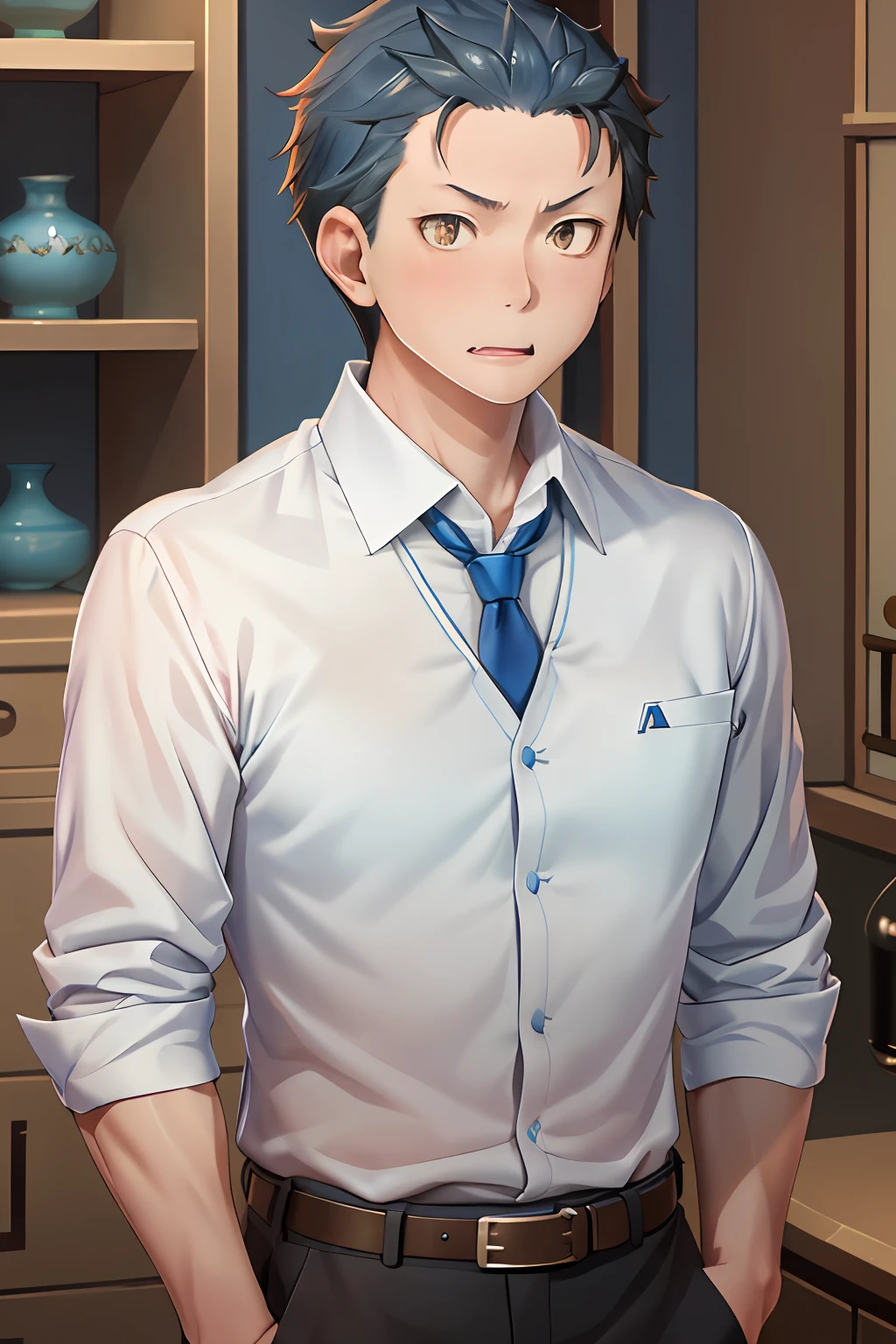 (1 Adult male),A high resolution, Sharp focus, Pixiv masterpiece, ((Complicated details)), highly detailed, natsuki_subaru, 1 man, with her mouth open,drools,full bodyesbian, Blue ㇏ eyes(eyes glowing), blue short hair,white shirt,Wear a tie,Wear a belt,perspire,look from down