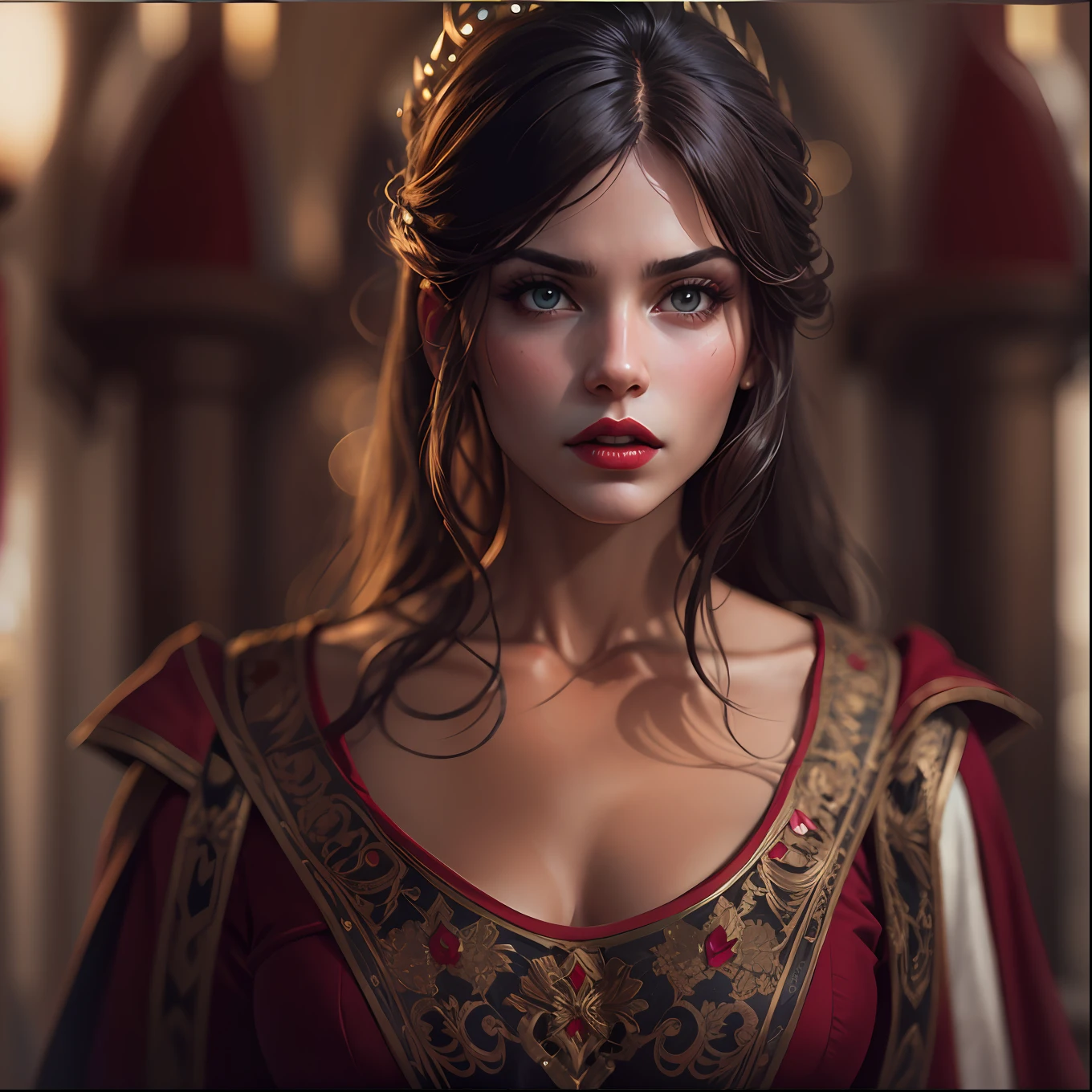 Uma mulher morena, Realistic, Charismatic, Muitos detalhes, Tema Fantasia Medieval, Serious, cabelos longos com franja, 25 anos, corpo inteiro, rosto da princesa, corpo definido, red lips, Realismo, Cinematic lighting, de cima, super detalhe,
