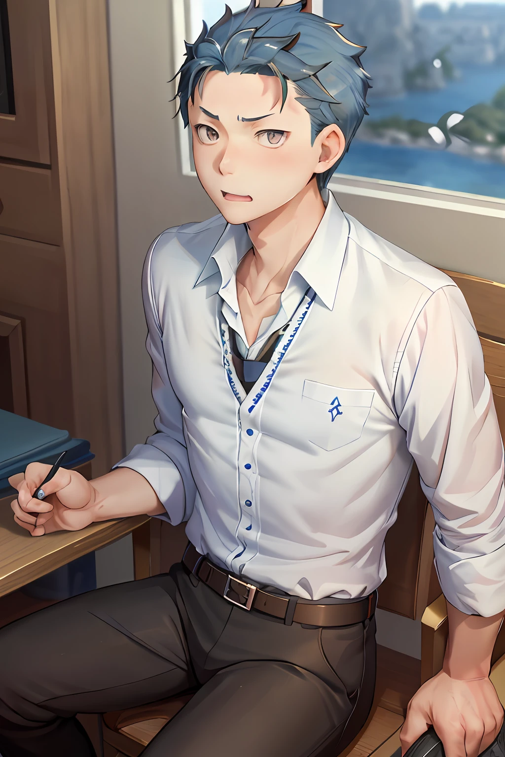 (1 Adult male),A high resolution, Sharp focus, Pixiv masterpiece, ((Complicated details)), highly detailed, natsuki_subaru, 1 man, with her mouth open,drools,full bodyesbian, Blue ㇏ eyes(eyes glowing), blue short hair,white shirt,Wear a tie,Wear a belt,perspire,look from down