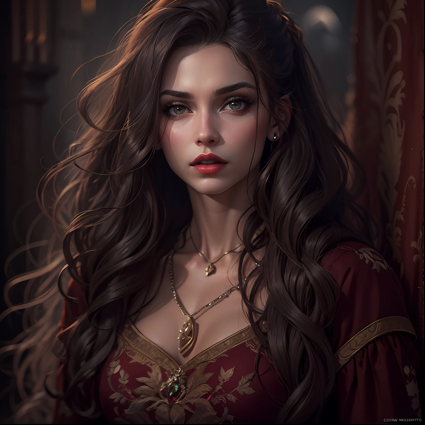 Uma mulher morena, Realistic, Charismatic, Muitos detalhes, Tema Fantasia Medieval, Serious, cabelos longos com franja, 25 anos, corpo inteiro, rosto da princesa, corpo definido, red lips, Realismo, Cinematic lighting, de cima, super detalhe,