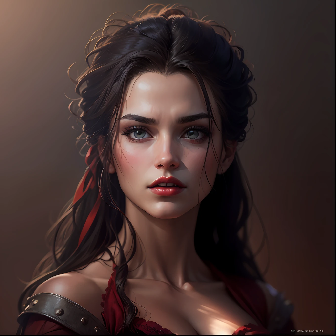 Uma mulher morena, Realistic, Charismatic, Muitos detalhes, Tema Fantasia Medieval, Serious, cabelos longos com franja, 25 anos, corpo inteiro, rosto da princesa, corpo definido, red lips, Realismo, Cinematic lighting, de cima, super detalhe,