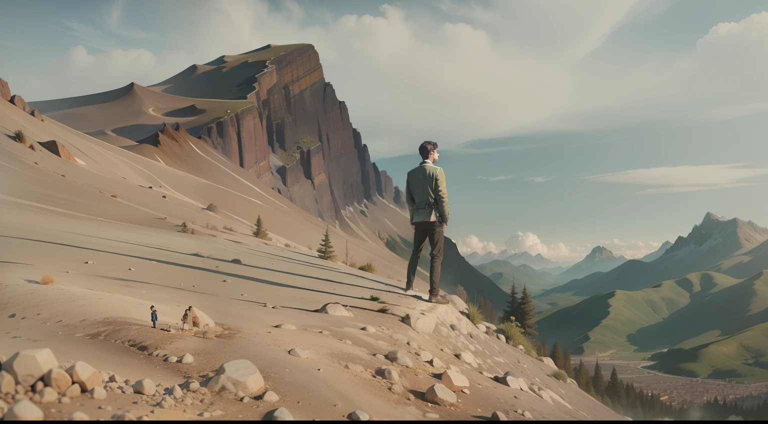 A young man standing on the top of a mountain
