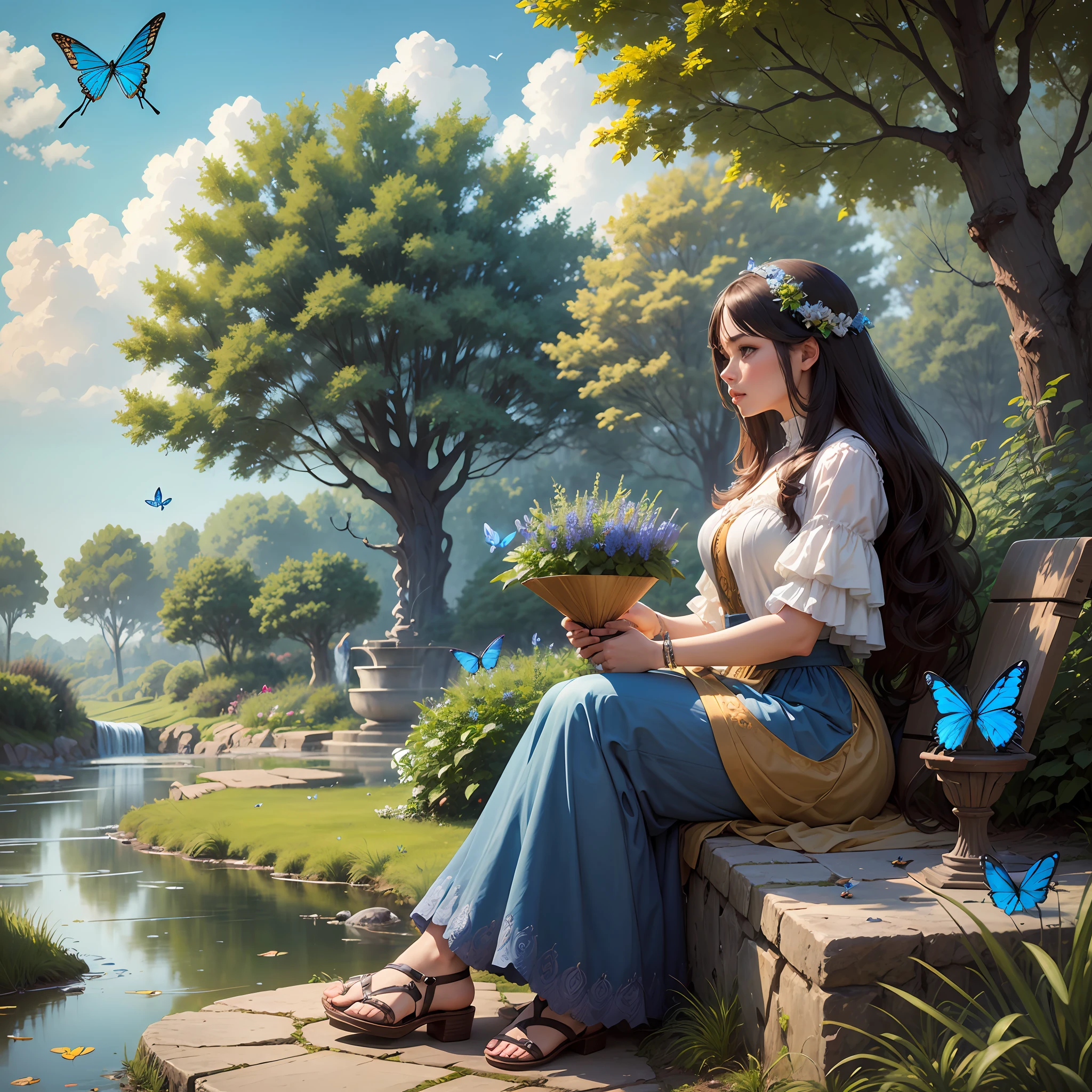A women sits by a very big countryside fountain with lots of blue butterflies, realistic , harmonious scene, masterpiece, clearly 4k, high quality, landscape, sky background --auto --s2