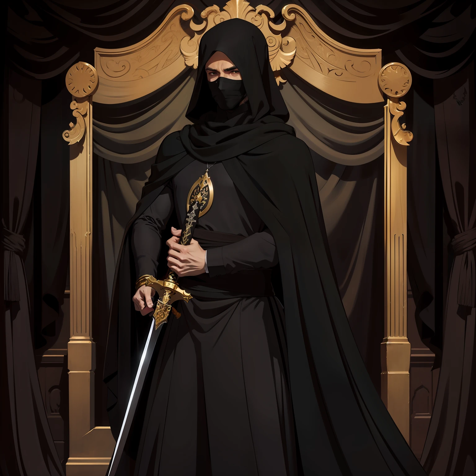 A group dressed in black,A mysterious man in a veil,With a long sword in his hand