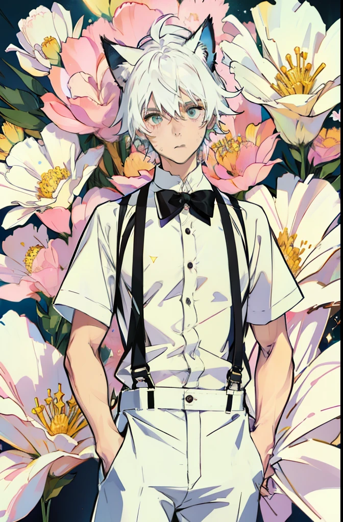 White hair, Cat ears, Suspenders, male people, infancy, full bloom, Sparkle, stereograms, anime big breast, Cowboy shot, hyper HD, Masterpiece, Textured skin, high detal,