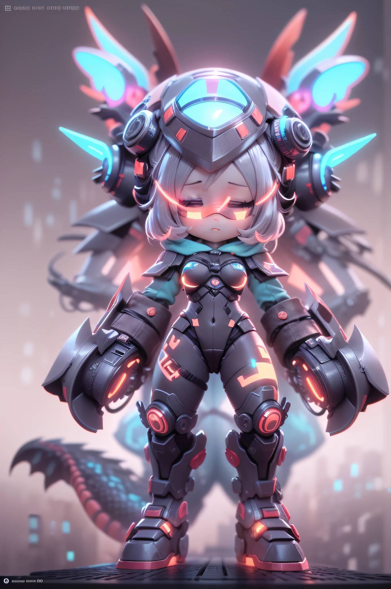 (a blind box toy:1.5), (Full body photo) , (1 rapariga),(Behind her is a dragon), mechs, Exquisite helmet:1.2, Combat goggles:1.2, cyber punk perssonage, dreamy glow, Sparkle neon, Clean, Transparent drafts, ( Global illumination, Ray traching, High-density imaging, unreal render,reasonable design, super detailing, tmasterpiece, Best quality, hyper HD, Cinematic lighting),(Particle effect 1.5),flowy ,Smart