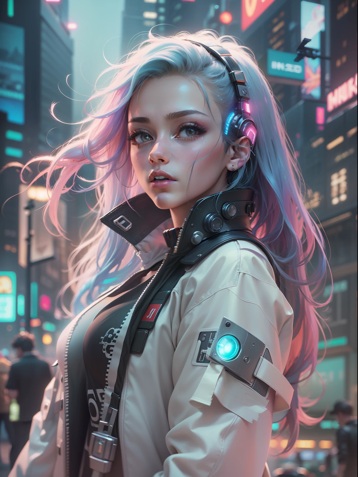 (((​masterpiece)))、(((top-quality)))、((ultra-definition))、(High Definition CG Illustration)、((extremely delicate and beautiful))、City of the Future、Cinematic Light、独奏、full body Esbian、cyberpunked、2040s、animesque、dreamy cyberpunk girl、rainbow hair、Christian Dior style、trending on artstationh、Rachel Walker、