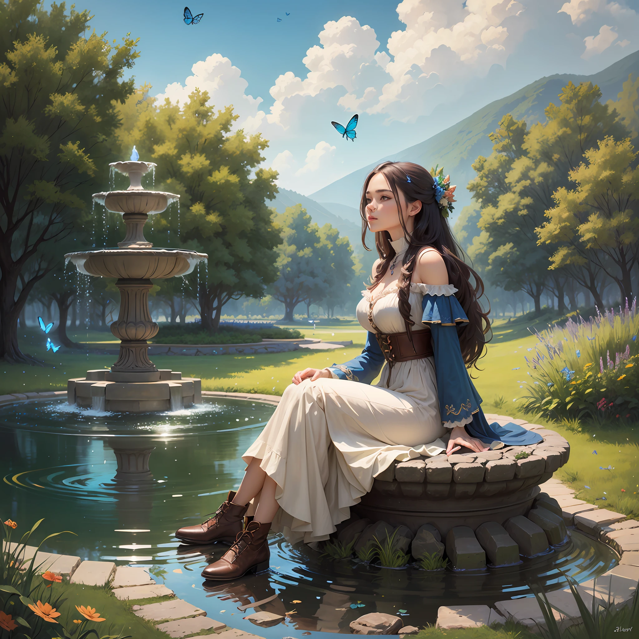 A women sits by a very big countryside fountain with lots of blue butterflies, realistic , harmonious scene, masterpiece, clearly 4k, high quality, landscape, sky background --auto --s2