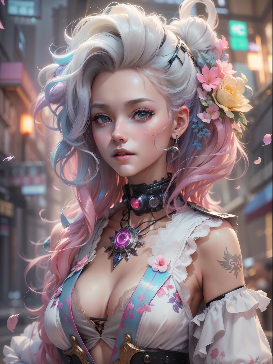 (((​masterpiece)))、(((top-quality)))、((ultra-definition))、(High Definition CG Illustration)、((extremely delicate and beautiful))、、Cinematic Light、独奏、full body Esbian、cyberpunked、2040s、animesque、dreamy cyberpunk girl、rainbow hair、Renaissance style、Marie Antoinette style、trending on artstationh、Rachel Walker、