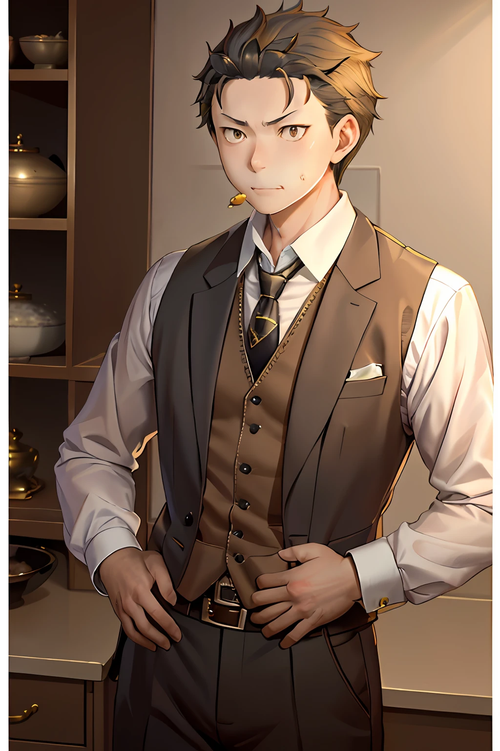（1 Adult male），A high resolution， Sharp focus， Pixiv masterpiece， （（Complicated details））， highly  detailed， natsuki_subaru， 1 man， with her mouth open，drools，full bodyesbian， Golden eyes（eyes glowing）， with short golden hair，white  shirt，Wear a tie，Wear a belt，perspire，look from down