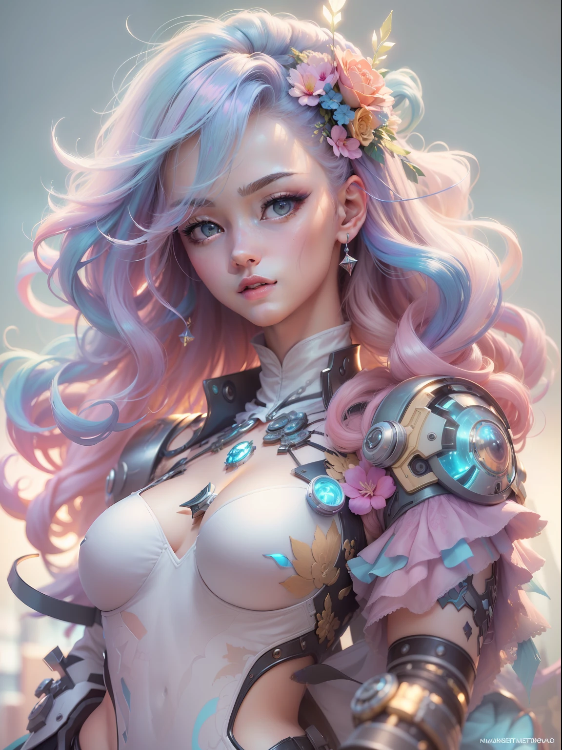 (((​masterpiece)))、(((top-quality)))、((ultra-definition))、(High Definition CG Illustration)、((extremely delicate and beautiful))、、Cinematic Light、独奏、full body Esbian、cyberpunked、2040s、animesque、dreamy cyberpunk girl、rainbow hair、Renaissance style、Marie Antoinette style、trending on artstationh、Rachel Walker、