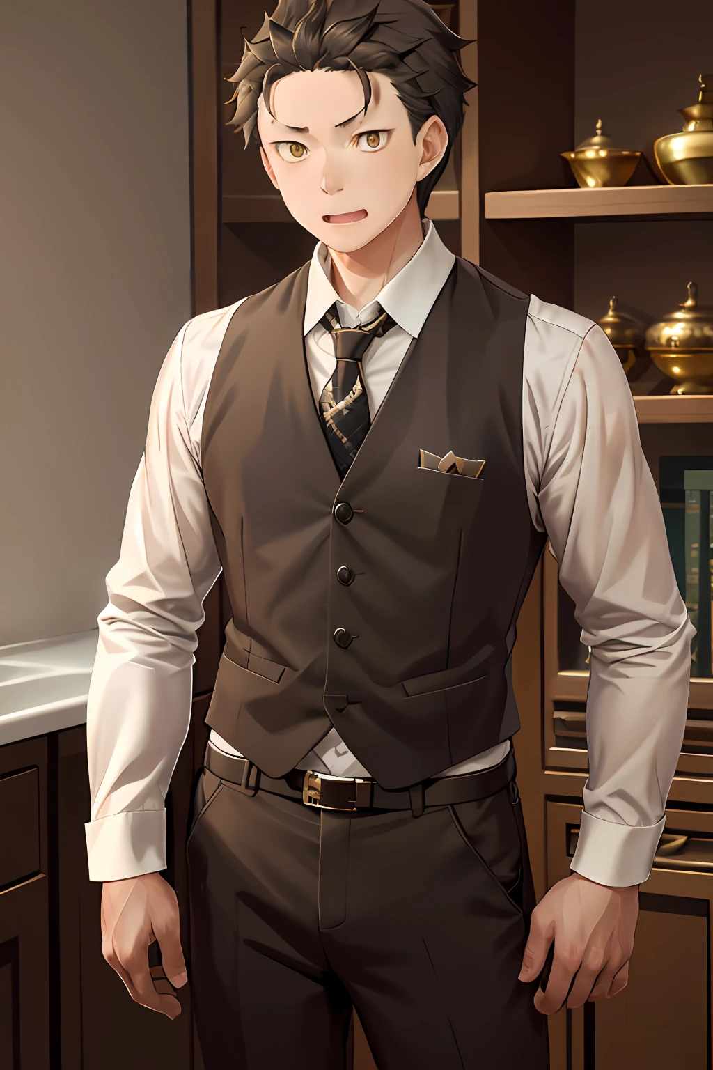 (1 Adult male),A high resolution, Sharp focus, Pixiv masterpiece, ((Complicated details)), highly detailed, natsuki_subaru, 1 man, with her mouth open,drools,full bodyesbian, Golden eyes(eyes glowing), with short golden hair,white shirt,Wear a tie,Wear a belt,perspire,look from down