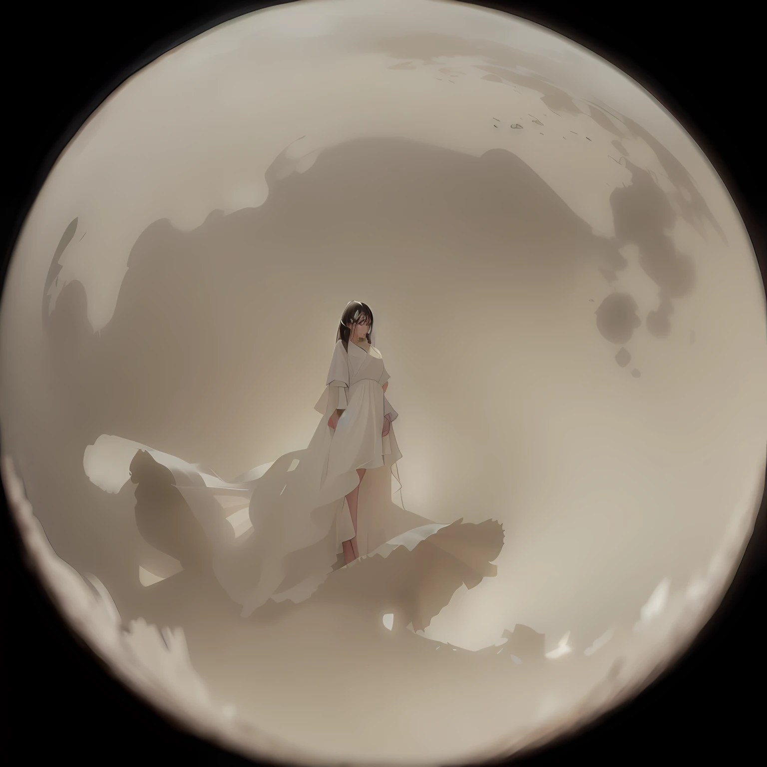 There was a woman in a white dress standing。, a still of an ethereal, Guviz-style artwork, Makoto Shinkai. rendering by octane, Guviz, guweiz masterpiece, Makoto Shinkai. A digital rendering, Gloomy. By Makoto Shinkai, Albedo, makoto sinkai