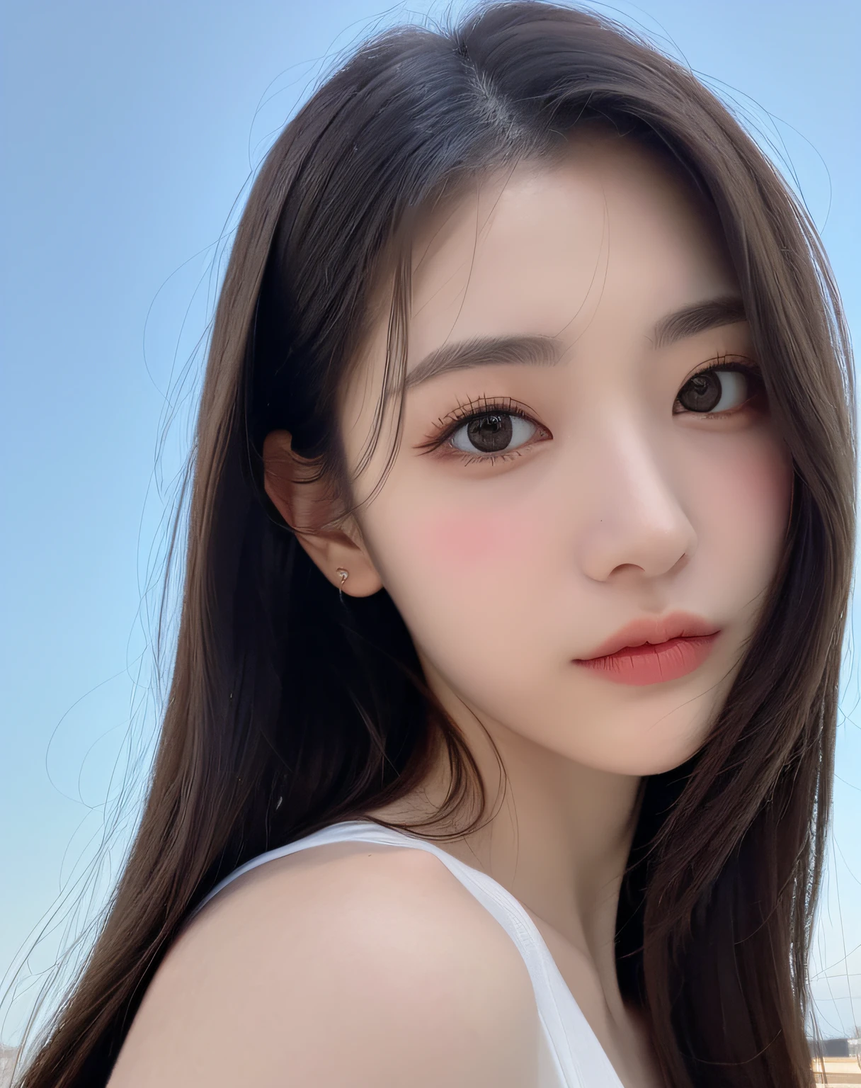 (detailed and realistic portrait of a girl with a clean face), (round eyes and long flutters hair shot outside),staring at camera,magical photography, dramatic lighting, photo realism, ultra-detailed,
intimate portrait composition, (centered image composition),(close up shot:1.6),best quality,f/1. 8, 85mm,
(28years asian woman), black_hair,(black_eyes:1.2),(bangs),makeup,white_dress,
(hazy blue_sky_background)