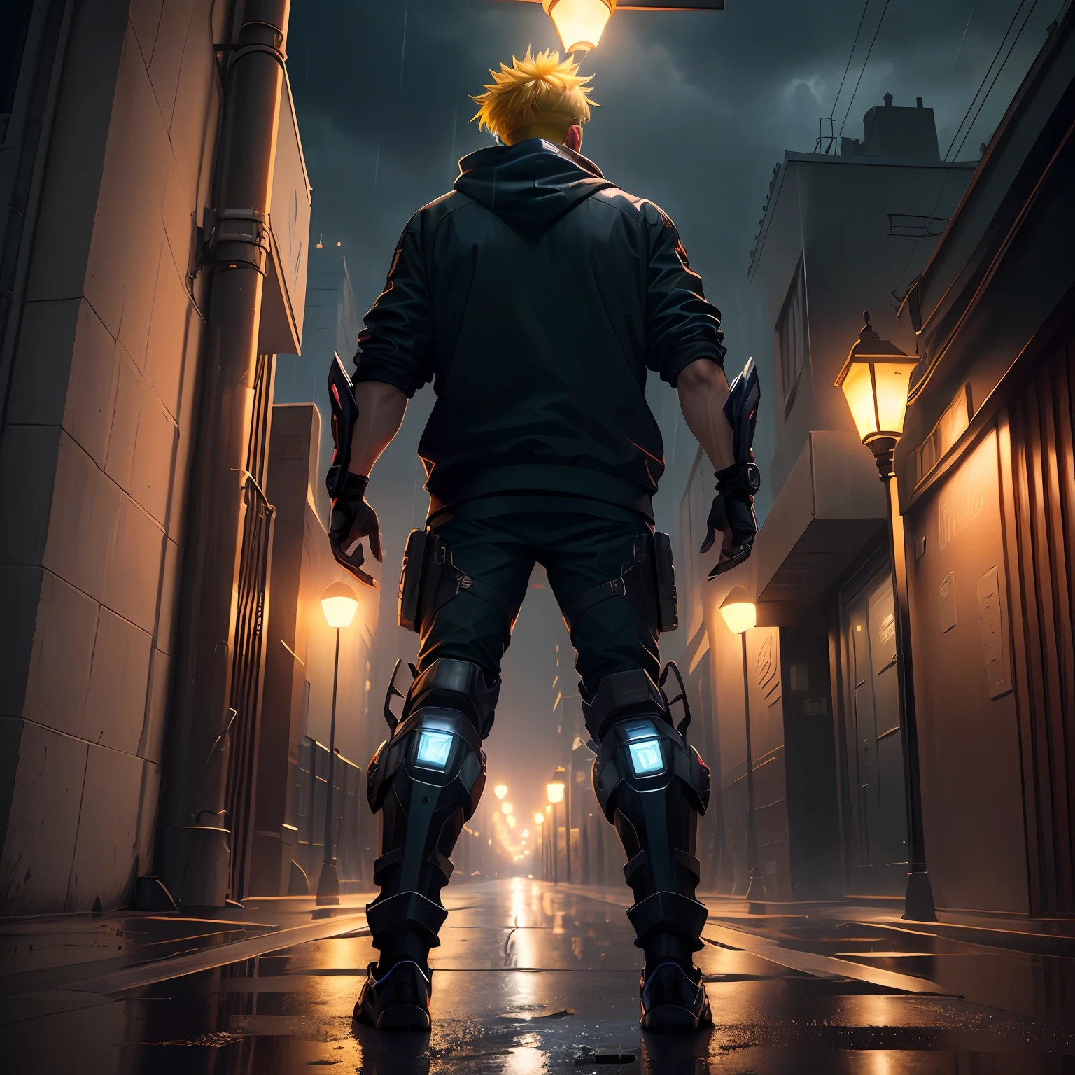 Ultra detail, high resolution, super detail, best quality, amazing, top quality, extremely detailed CG Unity 8k wallpaper, movie lighting, cat fans, cyberpunk, dark boy, mechanical arm, rainy night, standing under a street lamp, back against the wall, smoking, handsome face, cyberpunk, dark boy, mechanical arm, rainy night, night, rain, standing under a street lamp, leaning against a street lamp pole, with pitch-black broken hair on his head, the feathers on both sides of his head are as black as ink, but his eyes are very determined, as if nothing can completely defeat him. He is wearing a black sweatshirt, T-shirt, sweatshirt, and iron arm guards on both sides, two-dimensional, 4K, full body, mecha, iron arm, arm,yellow hair, supar hair cut, cyber hair cut, upper body, solo, anime, big picture,