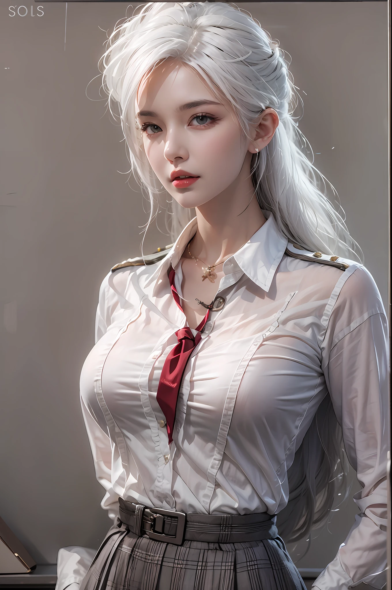 photorealistic, high resolution, soft lights, 1women, adult, solo, hips up, look at viewer, (detailed face), white hair, long hair, secretary uniform, skirt, jewelry