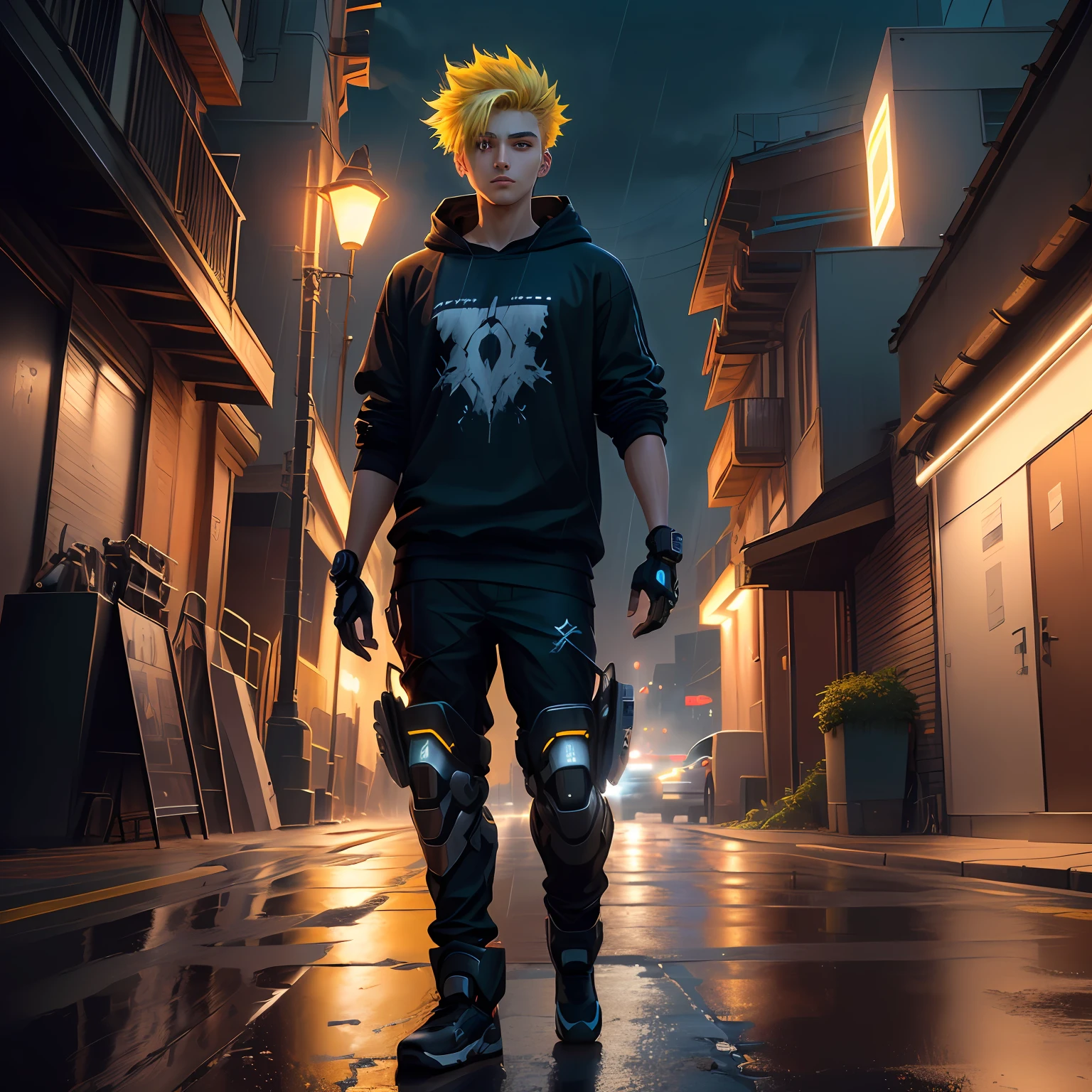 Ultra detail, high resolution, super detail, best quality, amazing, top quality, extremely detailed CG Unity 8k wallpaper, movie lighting, cat fans, cyberpunk, dark boy, mechanical arm, rainy night, standing under a street lamp, back against the wall, smoking, handsome face, cyberpunk, dark boy, mechanical arm, rainy night, night, rain, standing under a street lamp, leaning against a street lamp pole, with pitch-black broken hair on his head, the feathers on both sides of his head are as black as ink, but his eyes are very determined, as if nothing can completely defeat him. He is wearing a black sweatshirt, T-shirt, sweatshirt, and iron arm guards on both sides, two-dimensional, 4K, full body, mecha, iron arm, arm,yellow hair, supar hair cut, cyber hair cut, upper body, solo, anime, big picture,