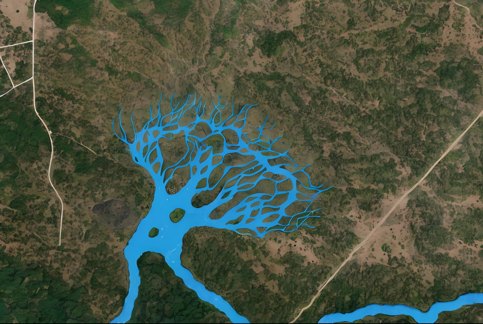 Arafeld view of the river，There is a blue tree in the middle, with trees and rivers, river delta, close-up imagery, flood plain, detailed surroundings, zoom out view, detailedwater, depiction, Water channels, water - logged, Data streams or rivers, aerial illustration, nile river environment, Rivers and lakes, dendritic, an exquisite 3 d map