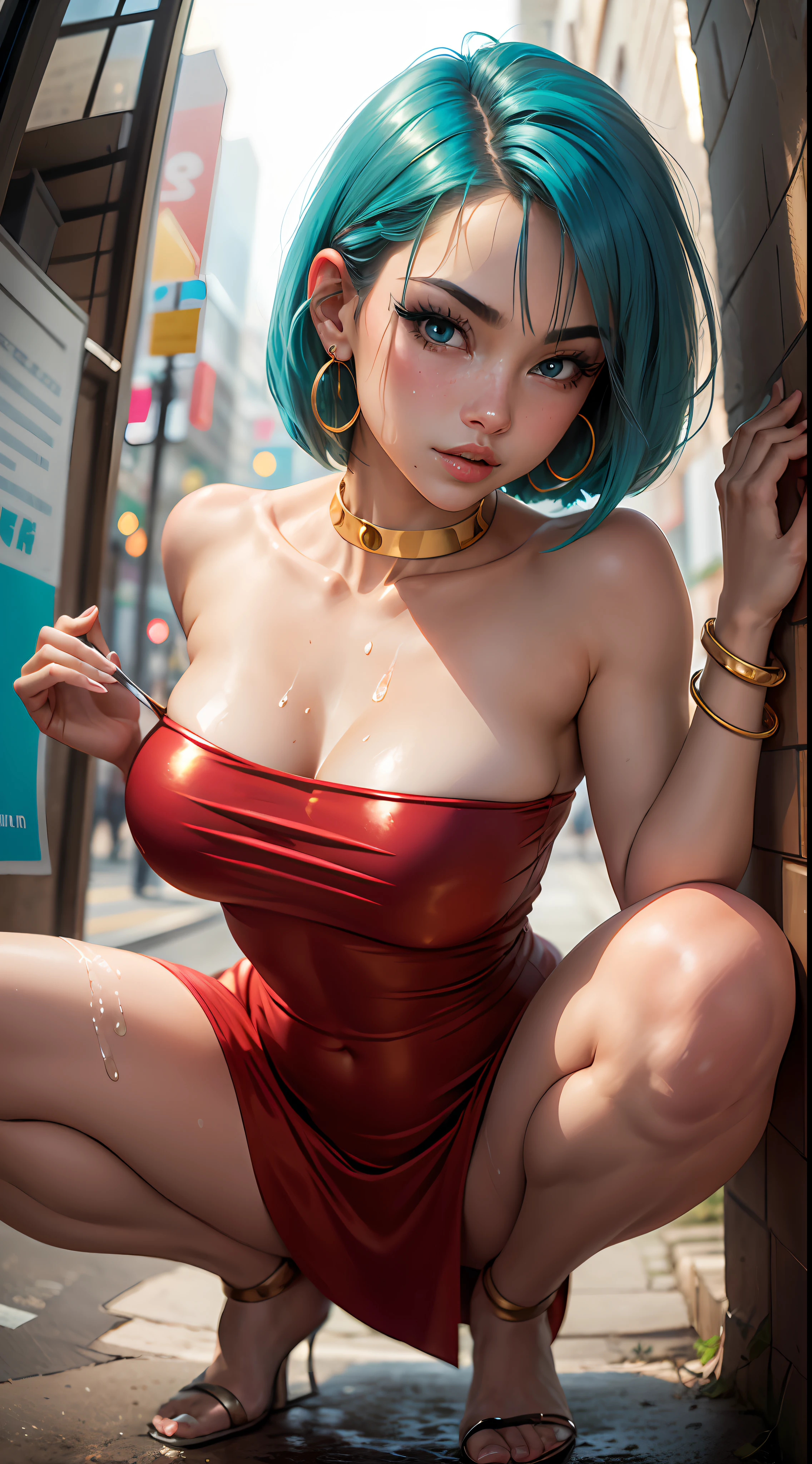 high detail, ((hyper-realism)), fisheye POV perspective, photo of a tall beautiful girl crouching with her legs spread open, big manga eyes, full shiny lips, lips slightly open, skinny body, perfect body, collar bone, skinny, toned figure, smooth matte skin, round boobs, shiny full lips, shiny nose, makeup, golden hoop earrings, ((cyan medium length bob haircut)), Bulma, ((tight red dress)), golden hoop bracelet, ((glossy red dress)), sweaty skin, wet skin, dark japanese street in the background, [[no choker]], blue eyes,