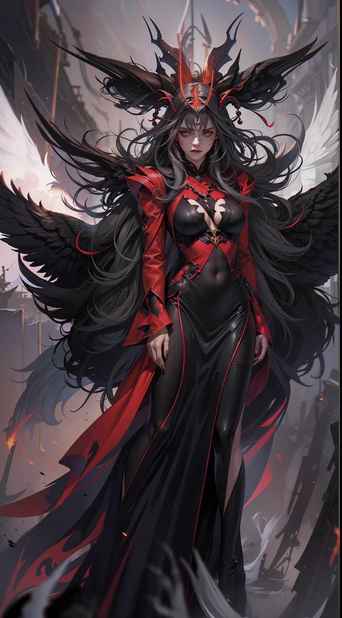 upperbody,smoke fog，ultimecia，horns, red dress, plunging neckline, feather trim, black wings, facial marks, claws,storm and lighting，Dark atmosphere，volumettic light，(high qulity，high detal，Master masterpieces，Perfect work of art，8k)