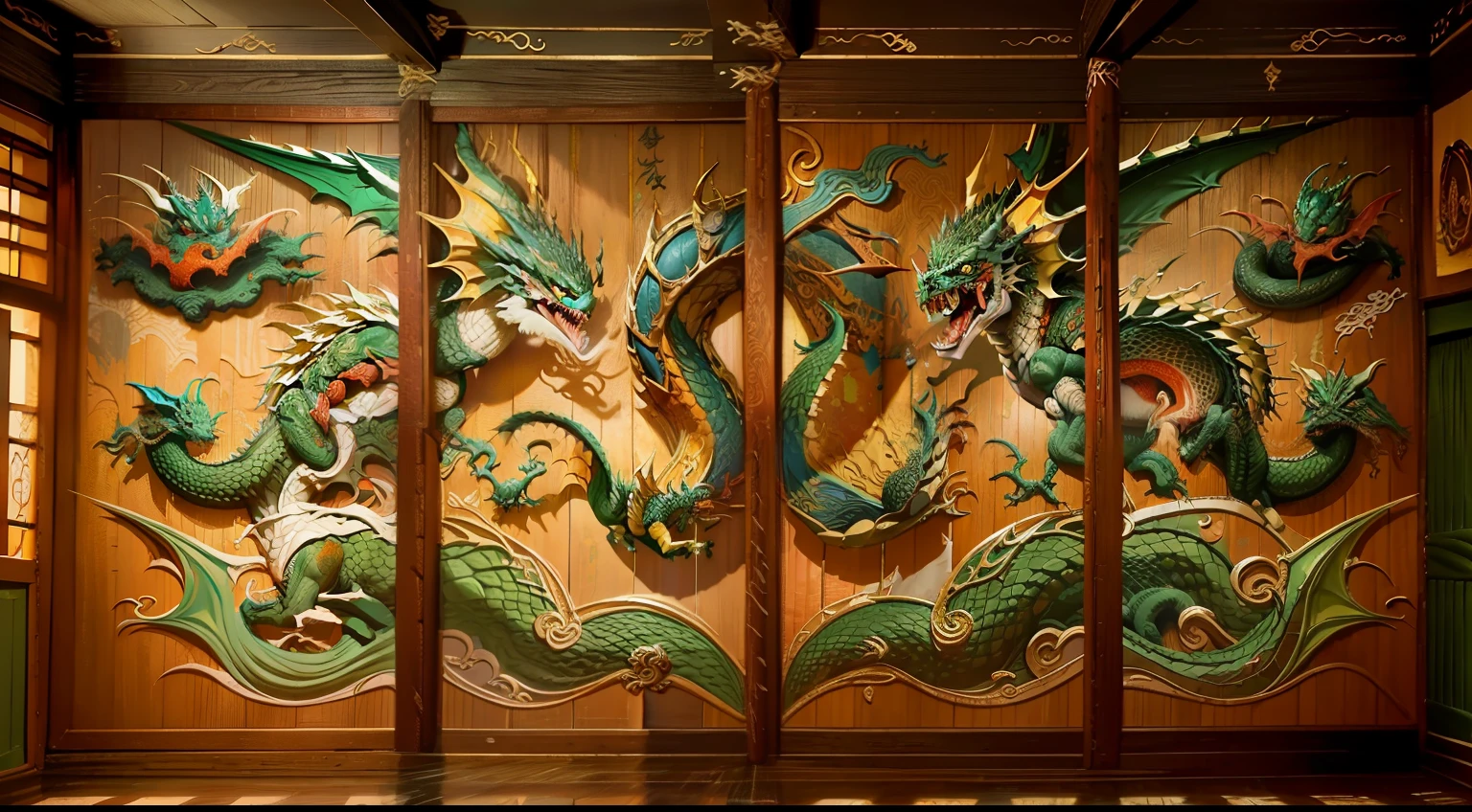 inside the dunjeon room, wall of dragon , martial artists room, high quality, super detailed, rough detailed, maximalist, masterpiece, art ,inside the dunjeon room of the Martial artist master, dragon design on a wall