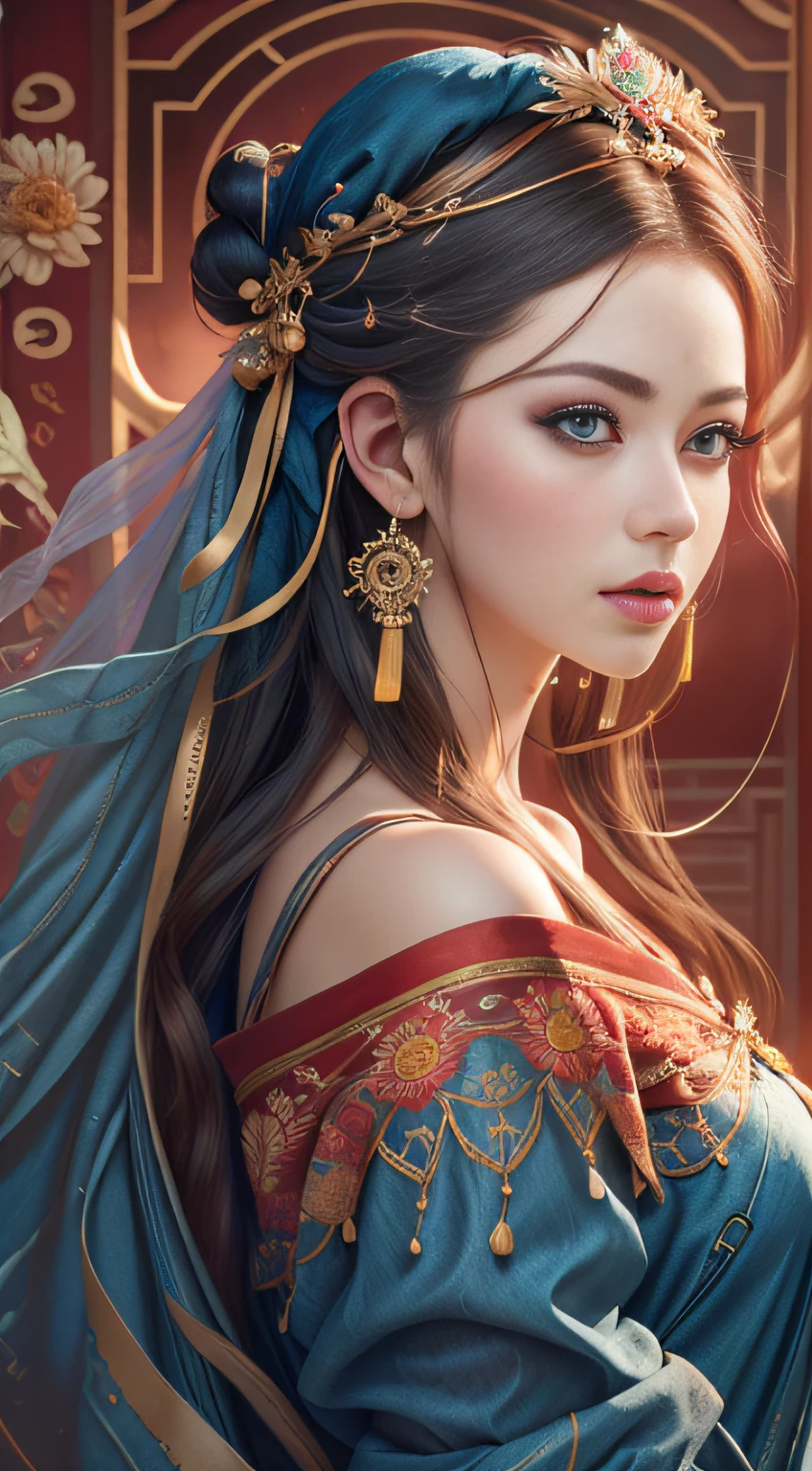 Best quality, masterpiece, ultra-detailed high resolution, (realistic: 1.4), original photos, illustrations,
1 Girl Holding Weapon, (Solo Exhibition: 1.2), (Denim Lens: 1.2), (Hair Crown: 1.2), Chinese Dunhuang Traditional Costume, No Straps, (Red Eyeliner: 1.2), (: 1.4), Earrings, Dynamic Angle, Opera House, messy_long_hair, Ink, Movie Lights, lens_flare, Velvet, Chrysanthemum, Tassels, Ribbons, Color Embroidery,